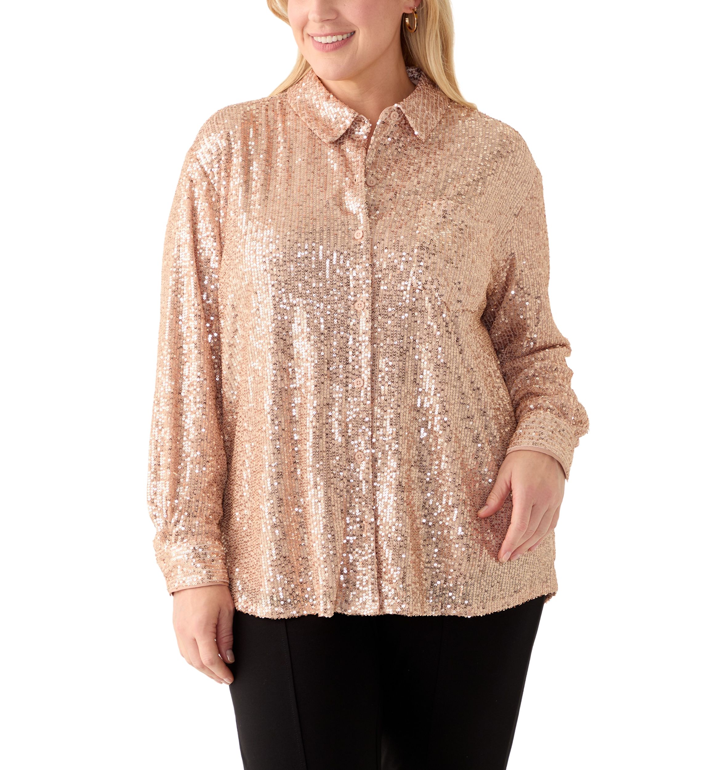 Plus Size Long Sleeve Sequin Boyfriend Shirt