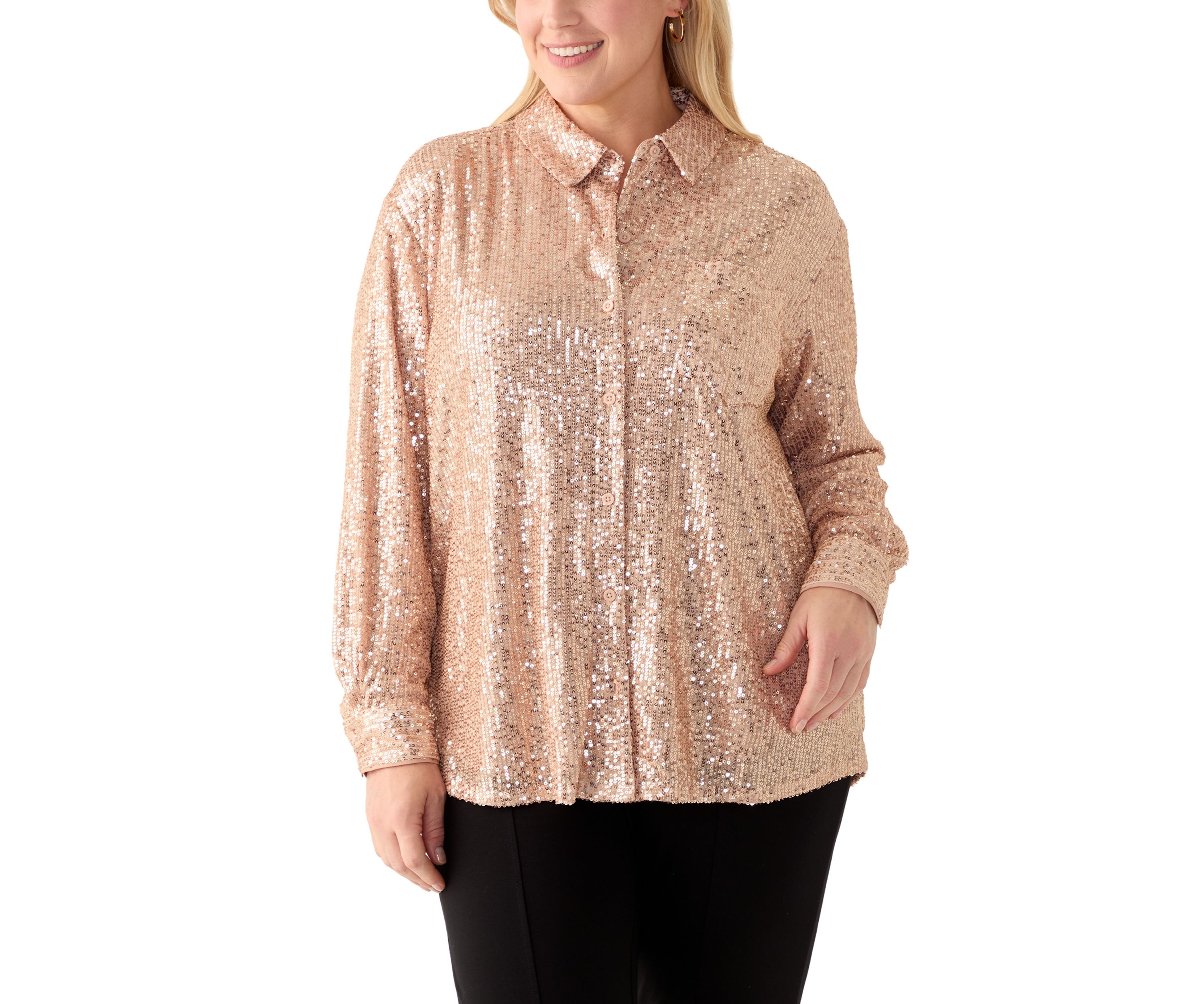 Plus Size Long Sleeve Sequin Boyfriend Shirt