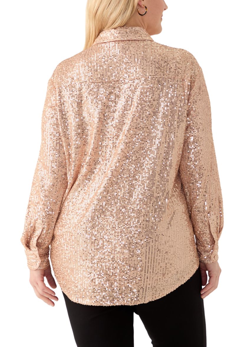 Plus Size Long Sleeve Sequin Boyfriend Shirt