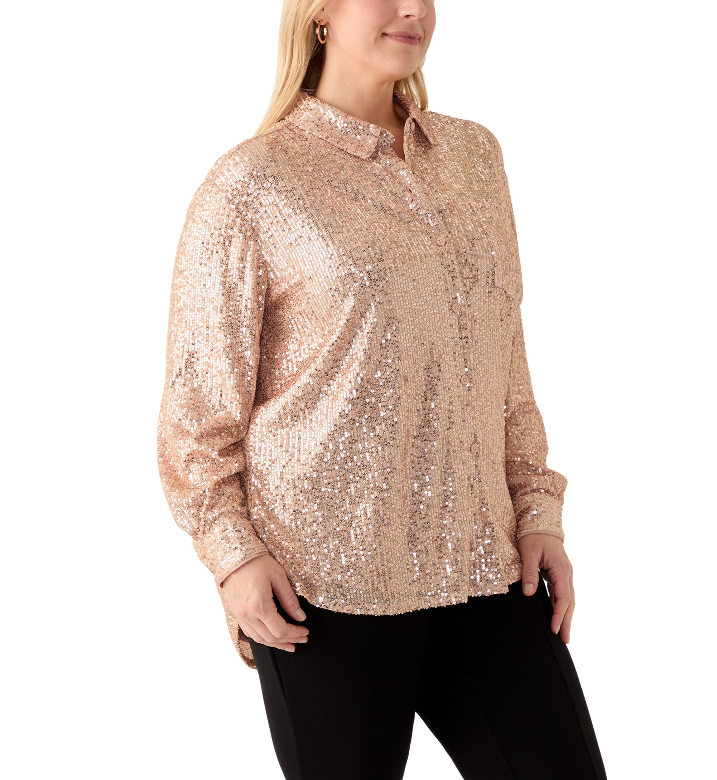 Plus Size Long Sleeve Sequin Boyfriend Shirt