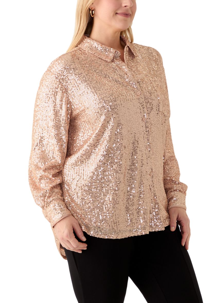 Plus Size Long Sleeve Sequin Boyfriend Shirt