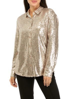 Women's Long Sleeve Sequin Boyfriend Shirt