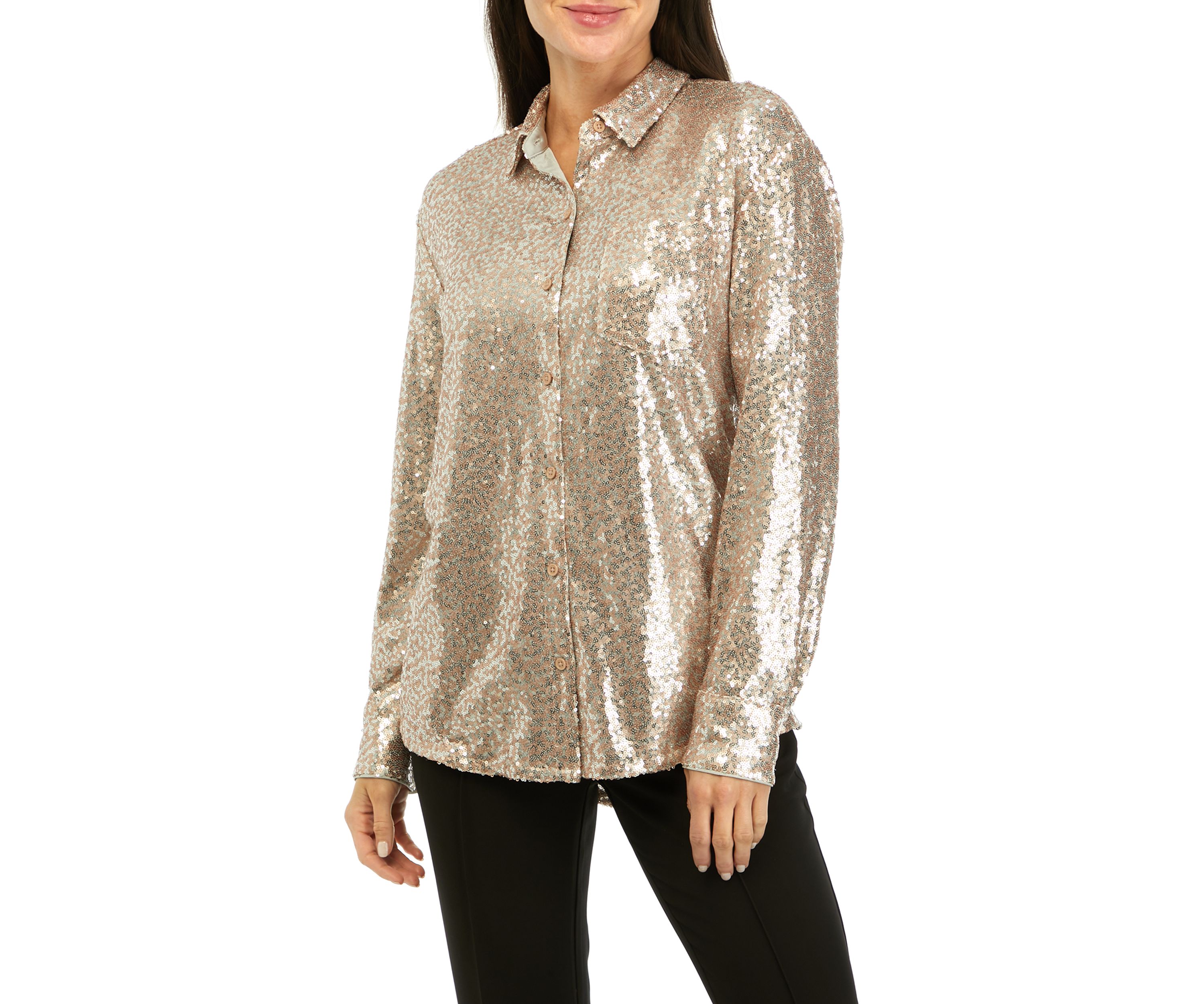 Womens Long Sleeve Sequin Boyfriend Shirt 