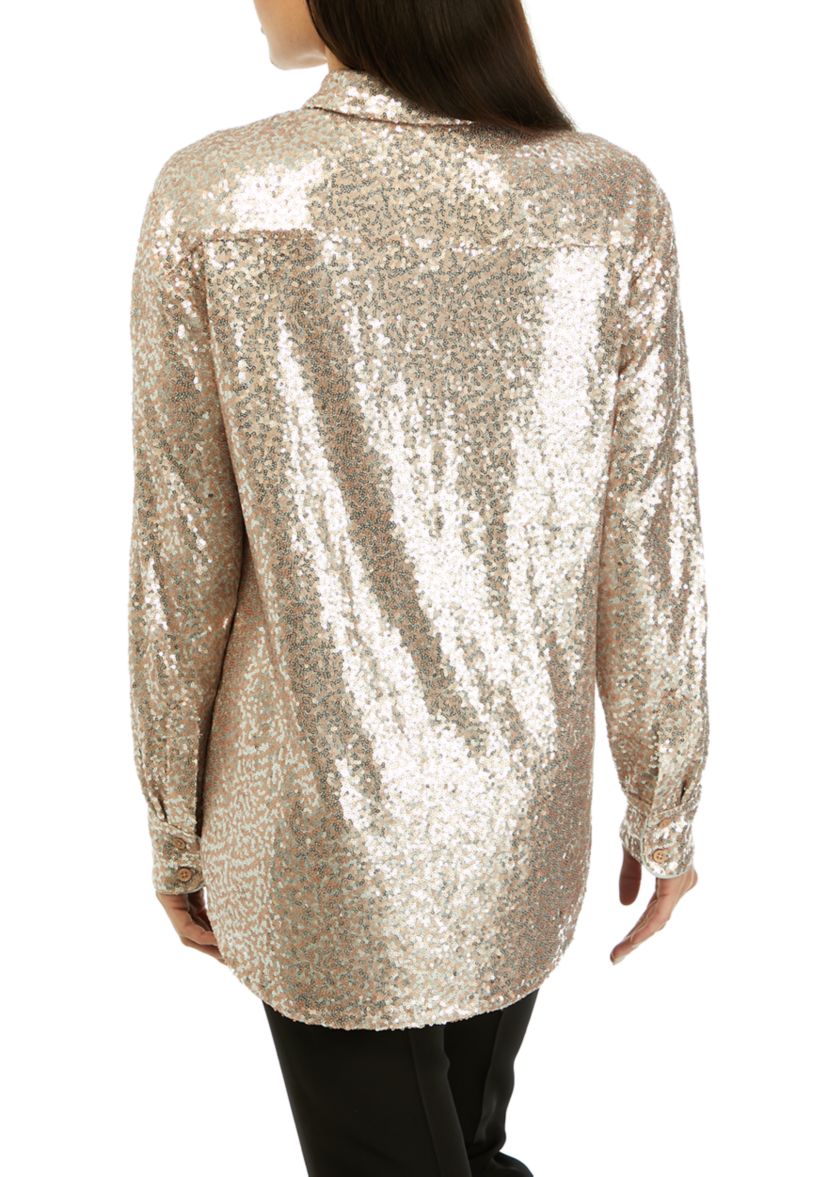 Womens Long Sleeve Sequin Boyfriend Shirt 