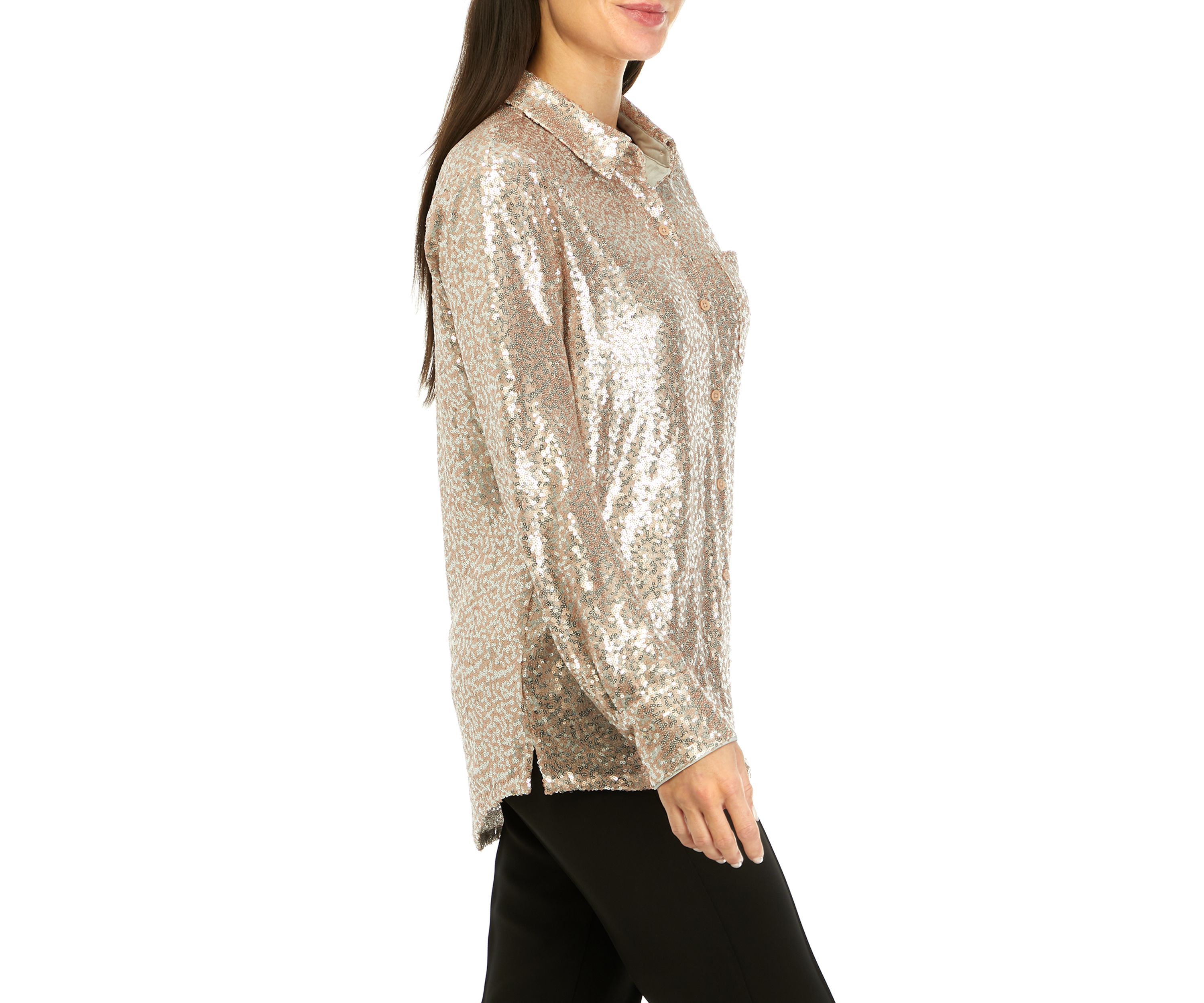 Womens Long Sleeve Sequin Boyfriend Shirt 