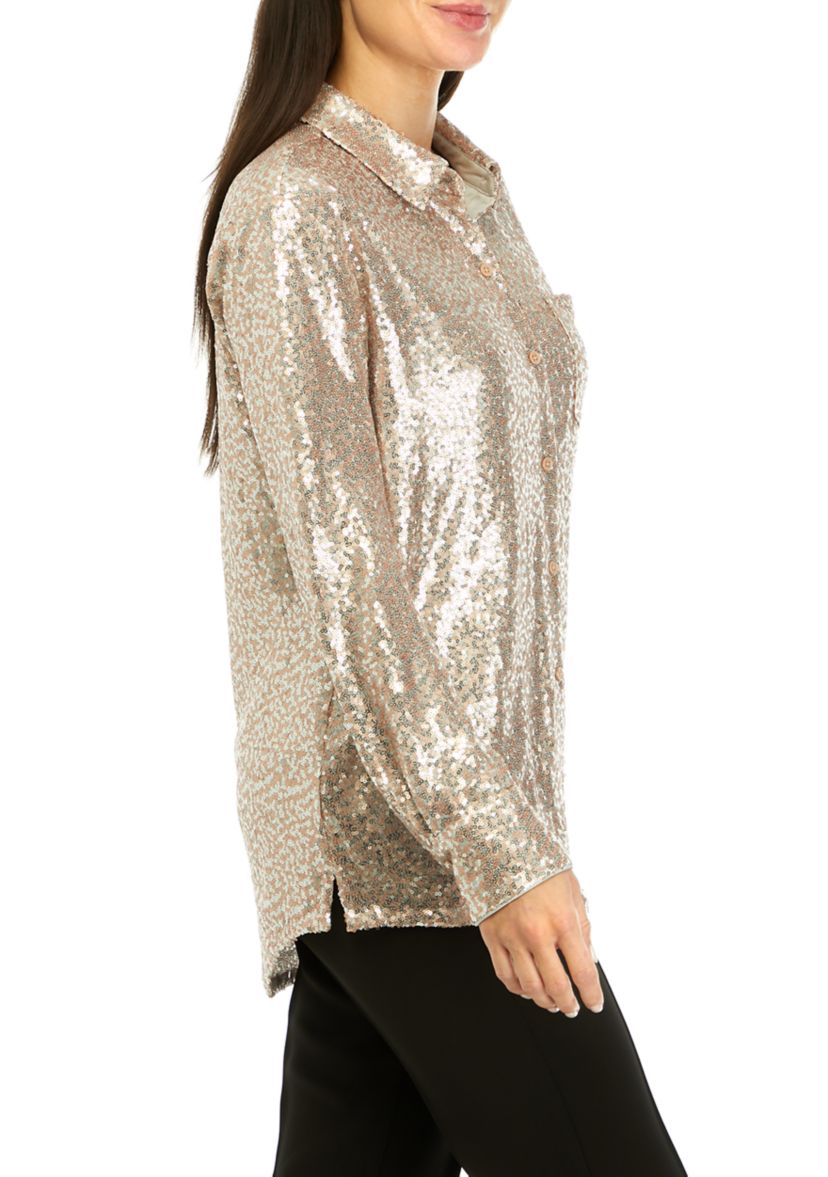 Womens Long Sleeve Sequin Boyfriend Shirt 