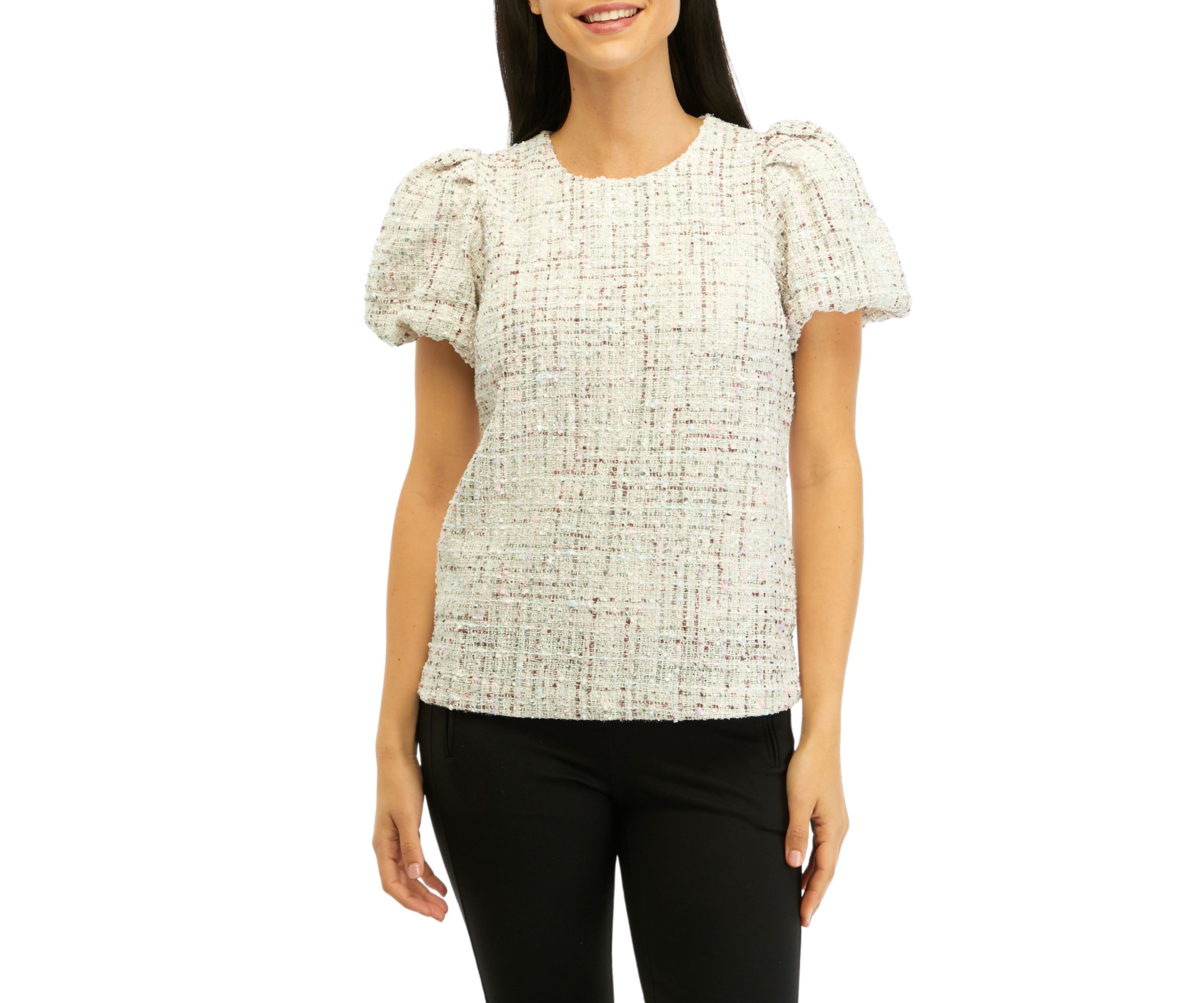Womens Tweed Puff Sleeve Woven Top