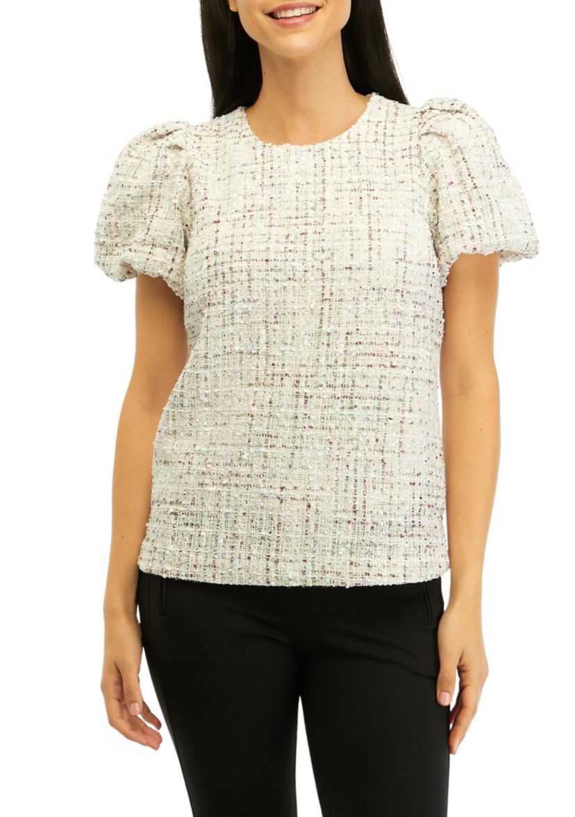Womens Tweed Puff Sleeve Woven Top