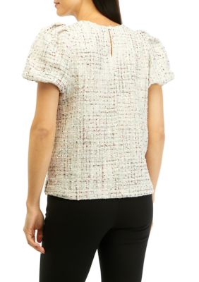 Women's Tweed Puff Sleeve Woven Top