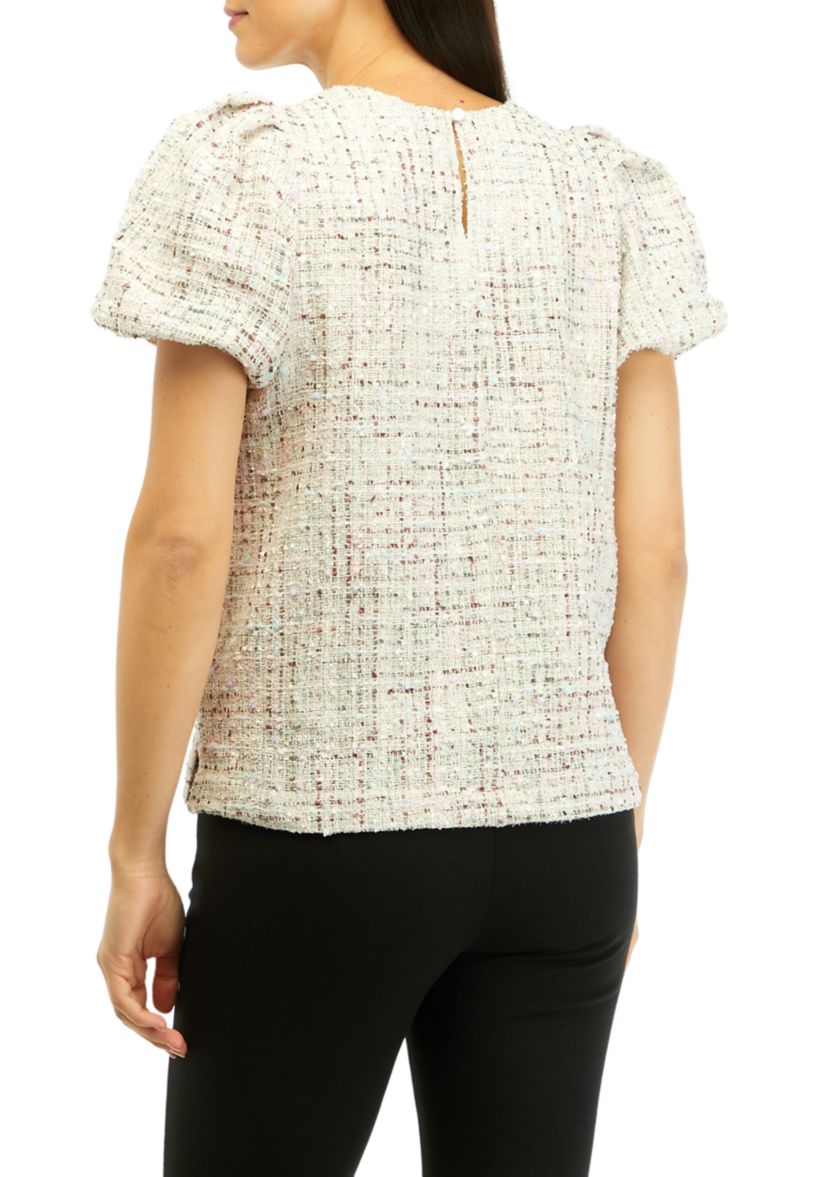 Womens Tweed Puff Sleeve Woven Top
