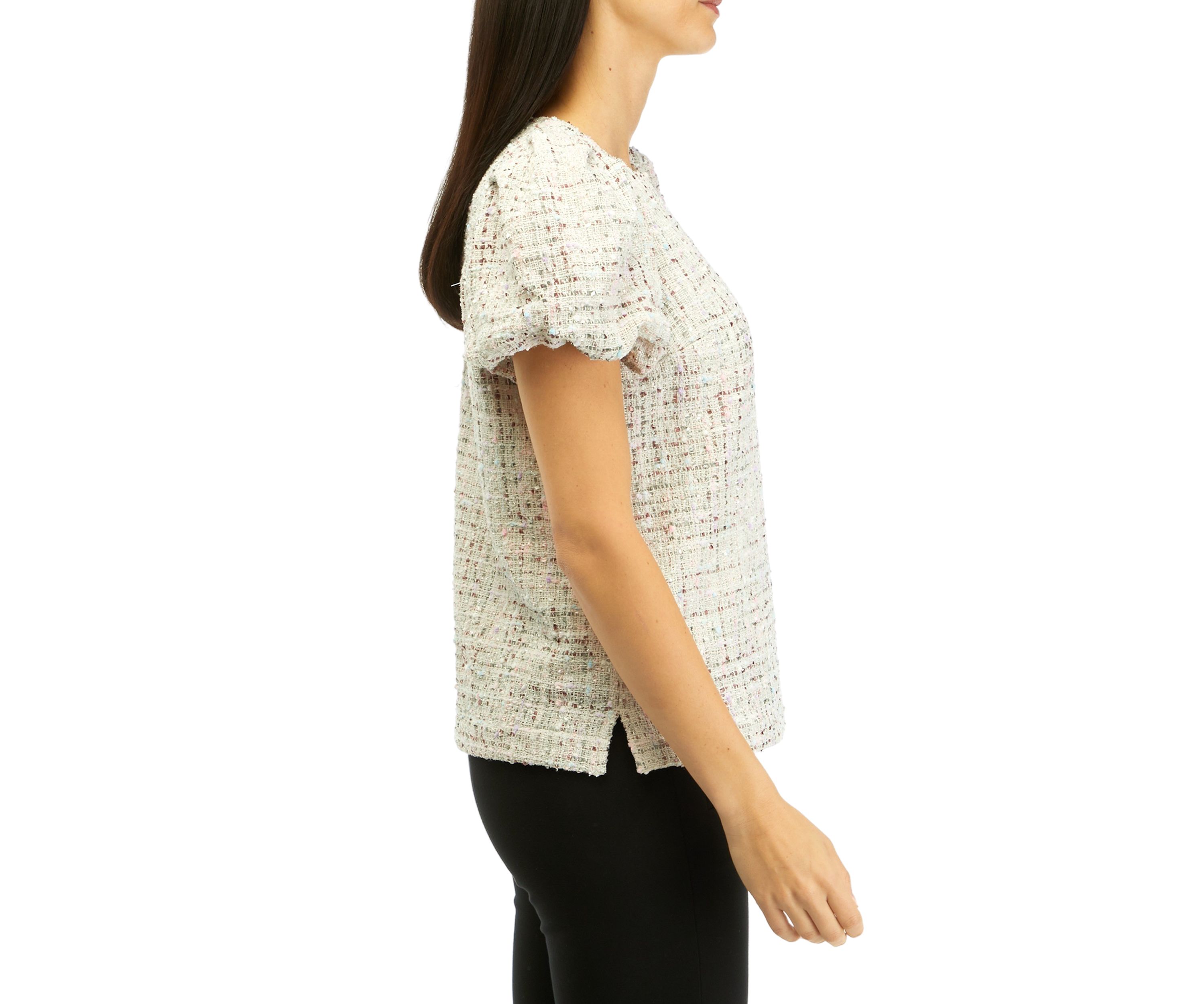 Womens Tweed Puff Sleeve Woven Top