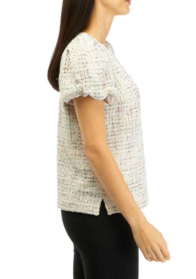 Womens Tweed Puff Sleeve Woven Top
