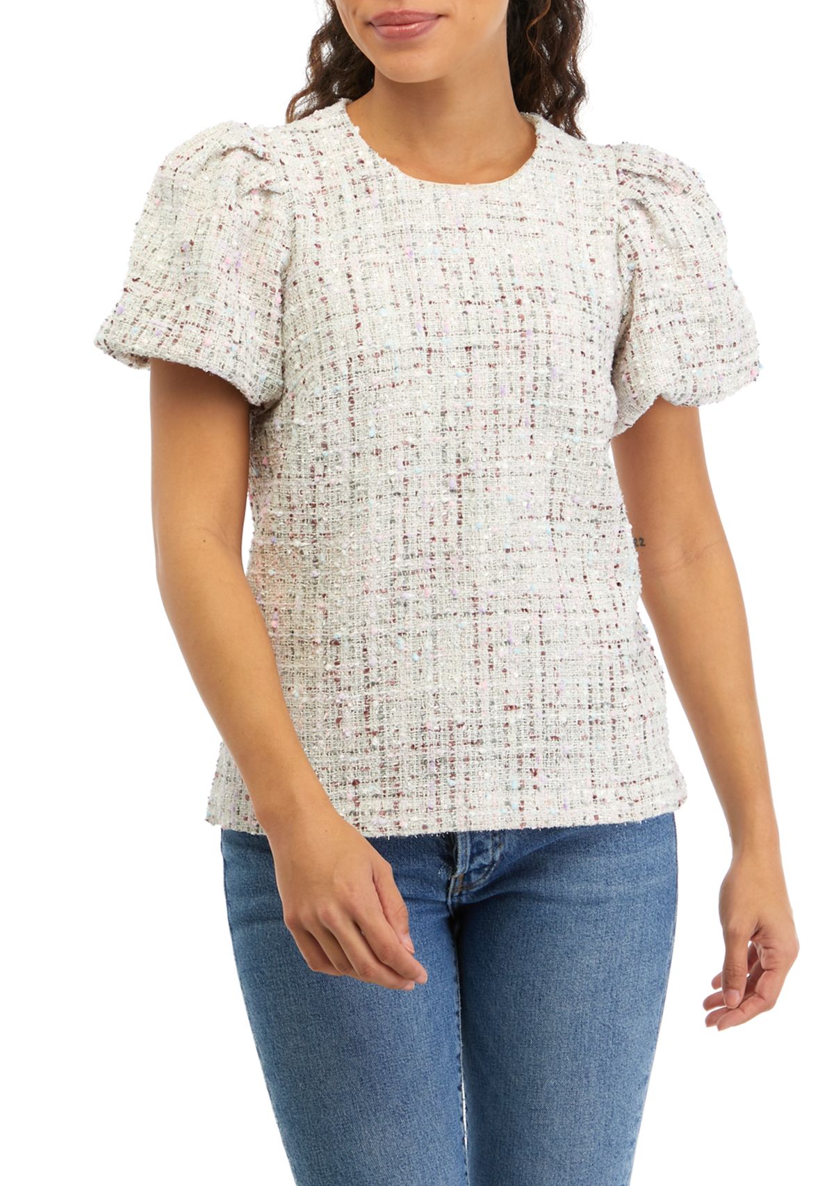 Petite Tweed Puff Sleeve Woven Top 