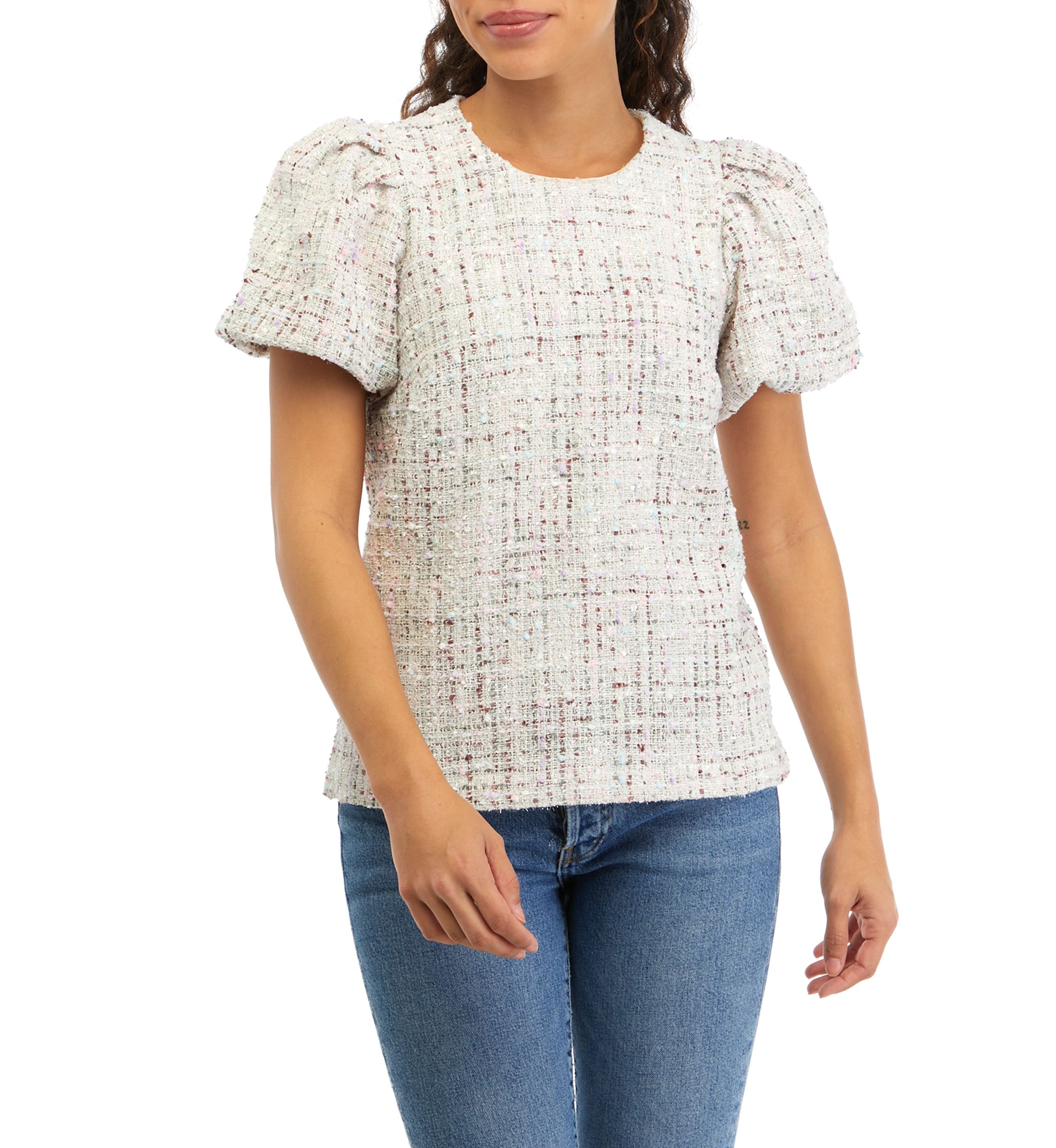 Petite Tweed Puff Sleeve Woven Top 