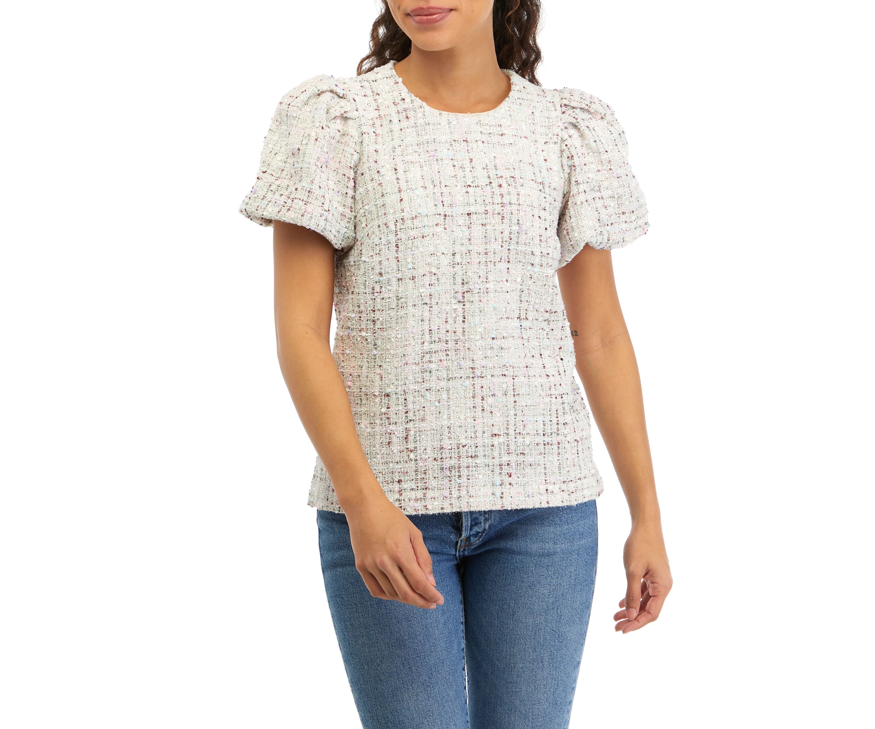 Petite Tweed Puff Sleeve Woven Top 