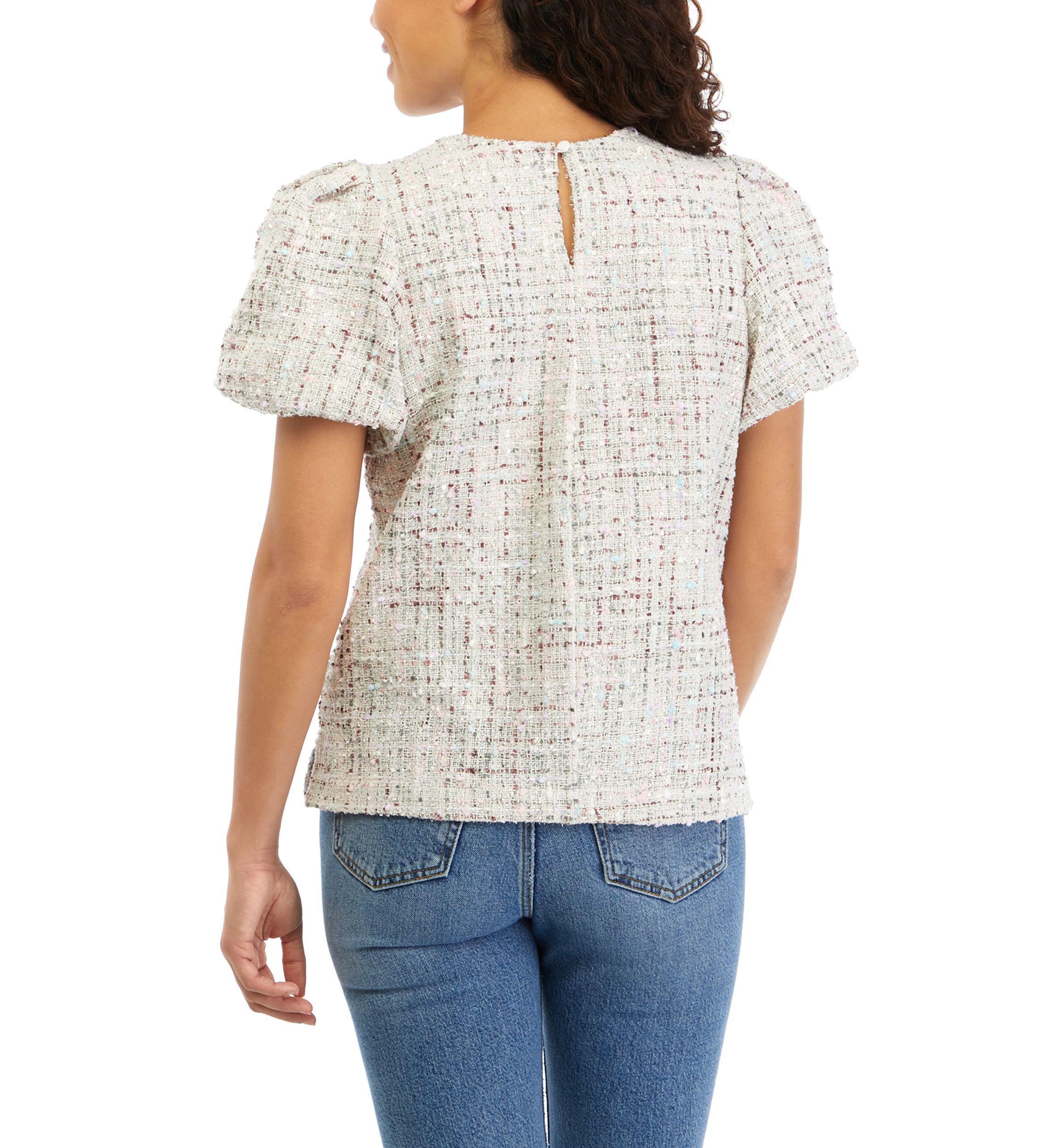 Petite Tweed Puff Sleeve Woven Top 