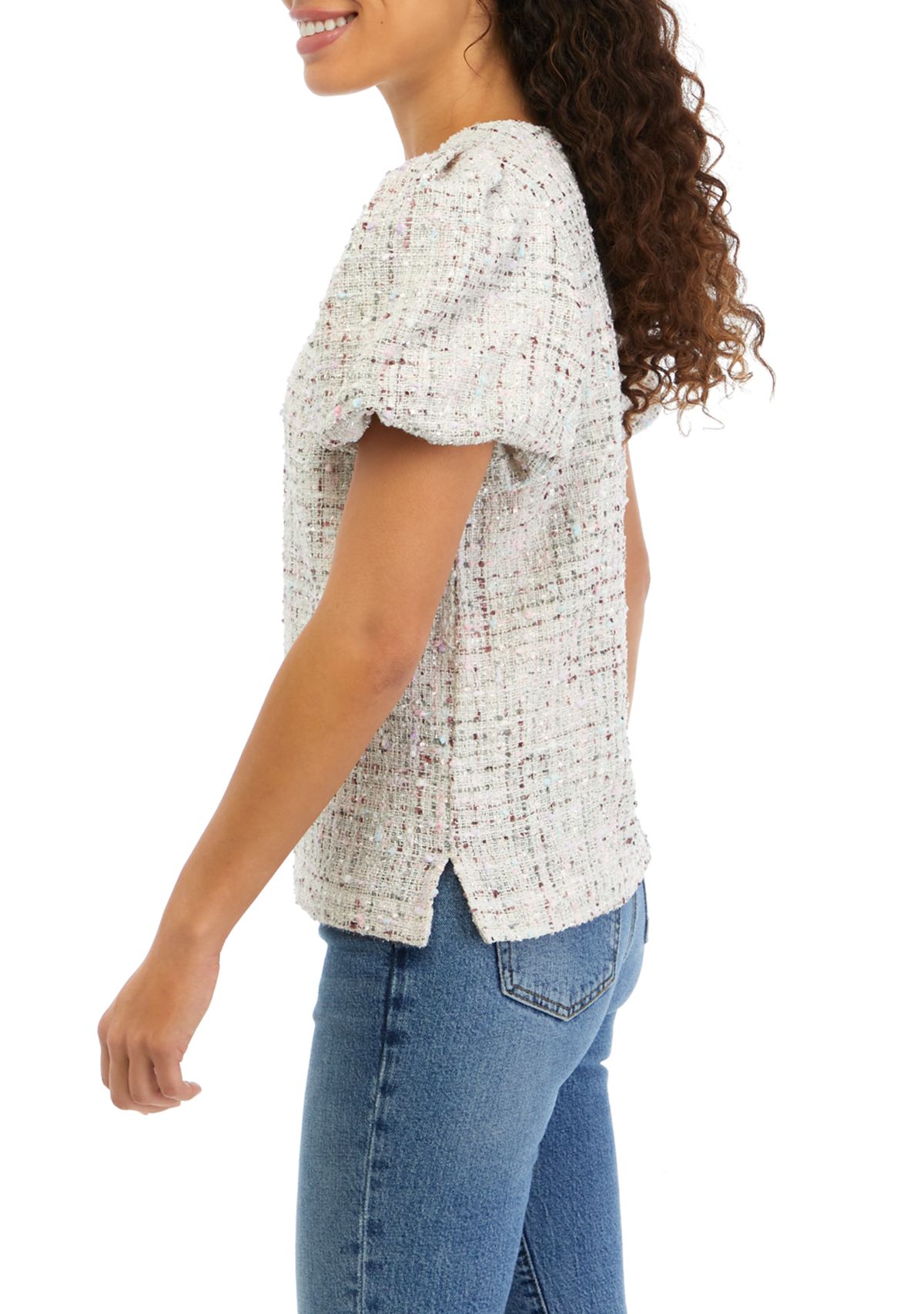 Petite Tweed Puff Sleeve Woven Top 