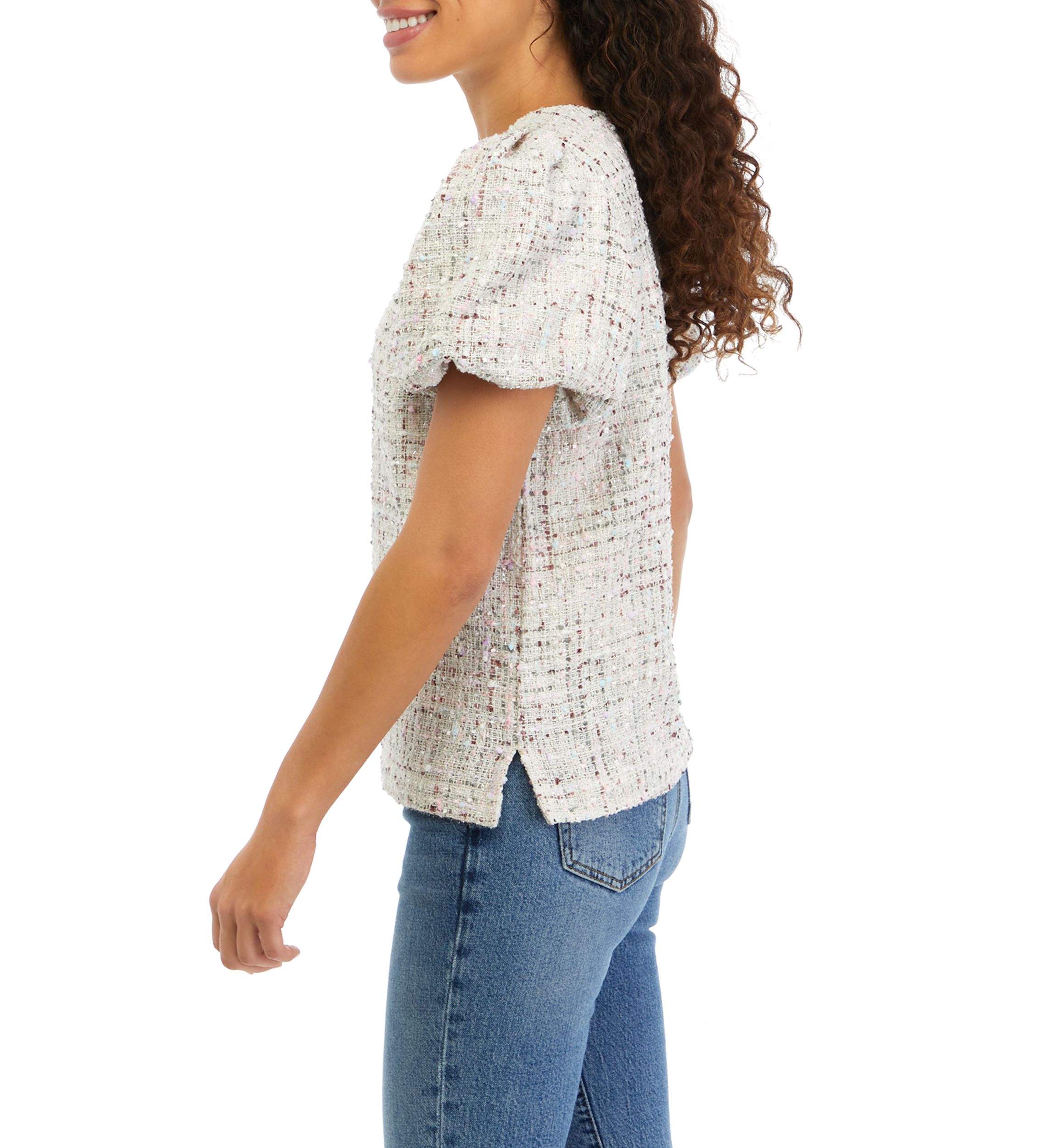 Petite Tweed Puff Sleeve Woven Top 