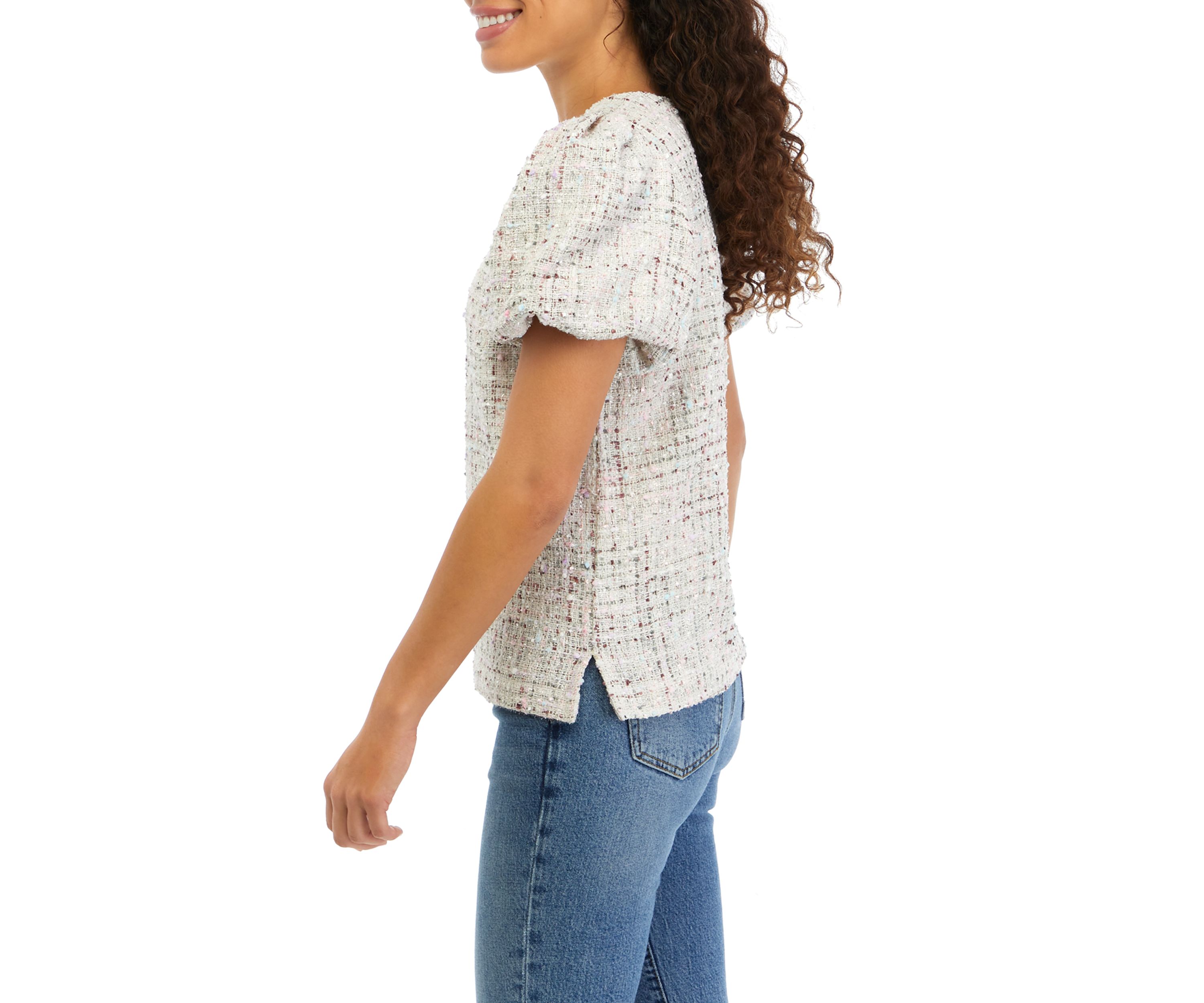Petite Tweed Puff Sleeve Woven Top 