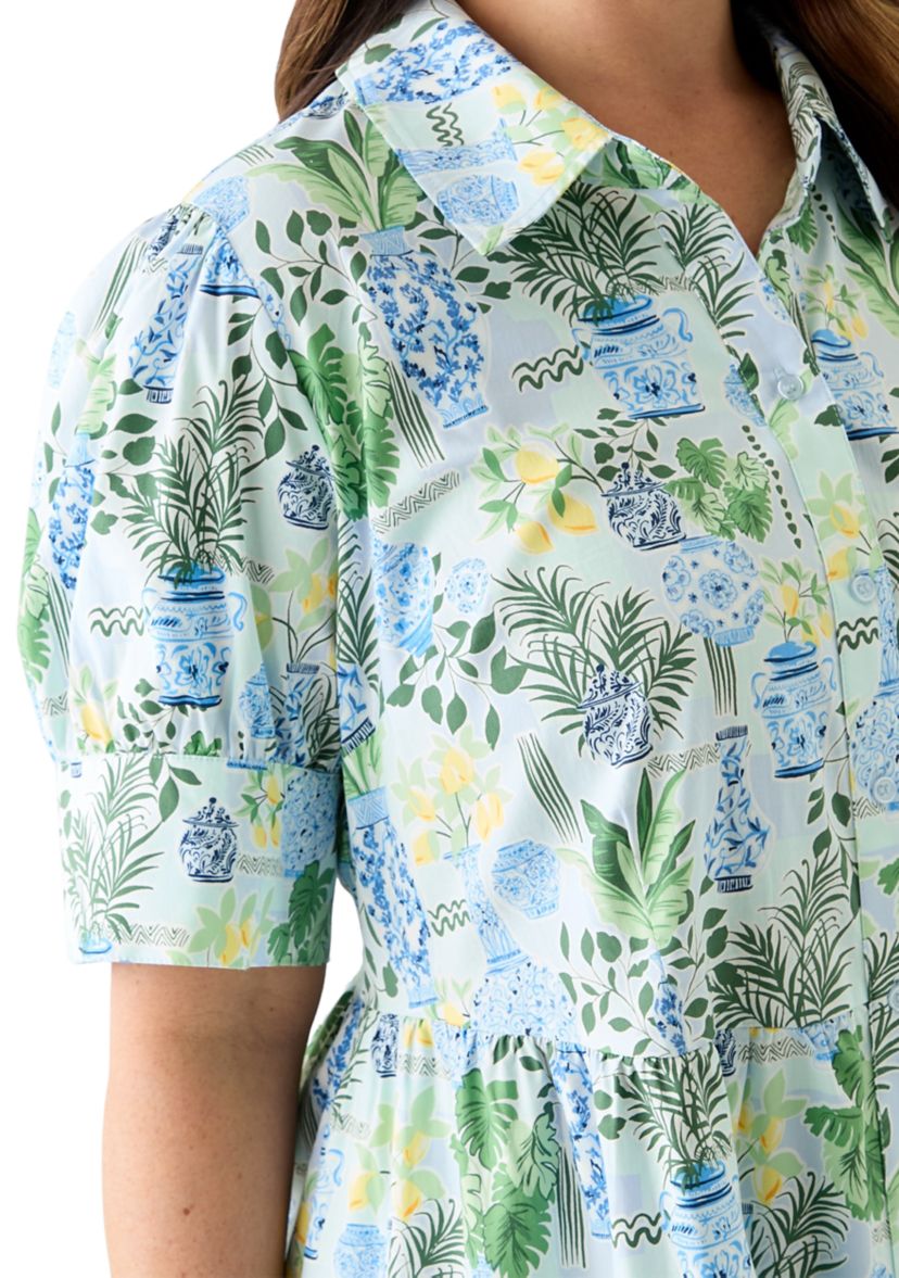 Plus Size Short Sleeve Printed Shirtdress