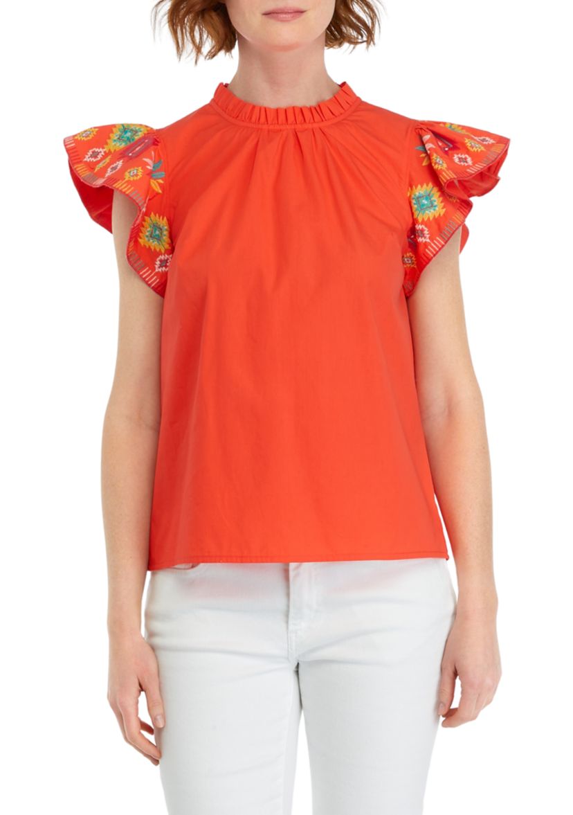 Womens Embroidered Printed Sleeve Top