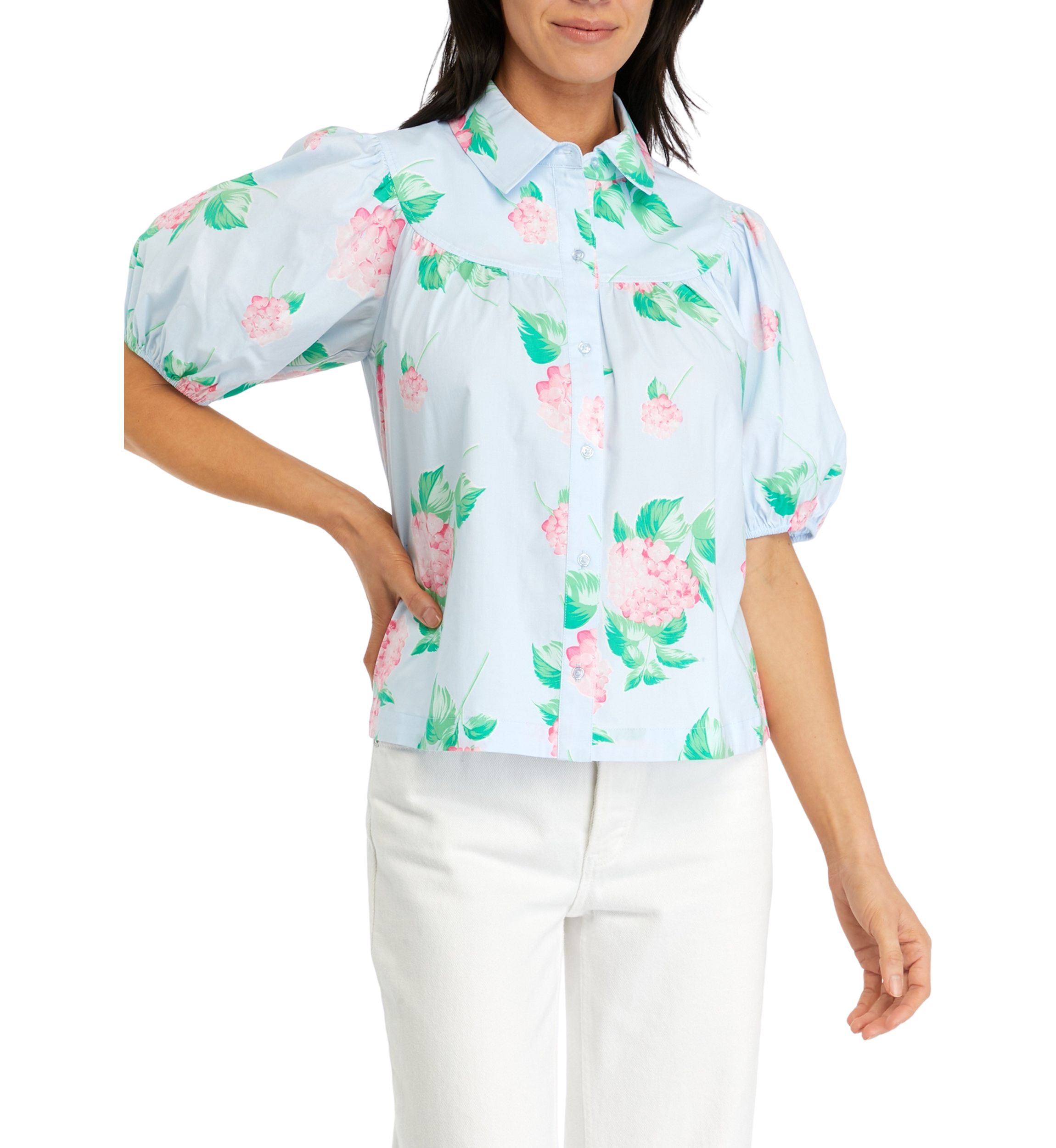 Womens Puff Sleeve Swing Button Front Top