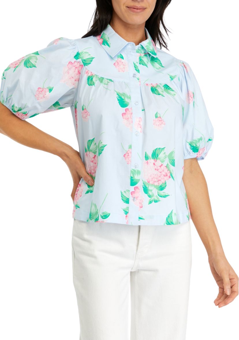 Womens Puff Sleeve Swing Button Front Top