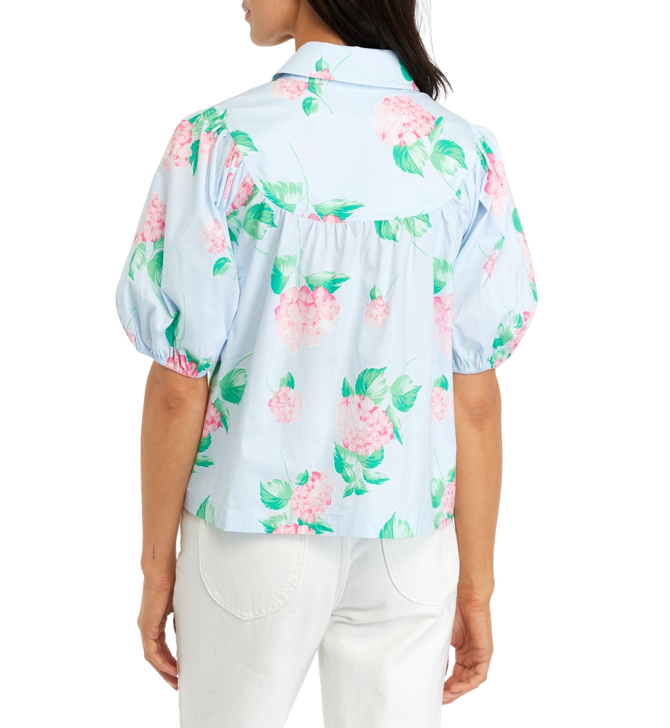 Womens Puff Sleeve Swing Button Front Top