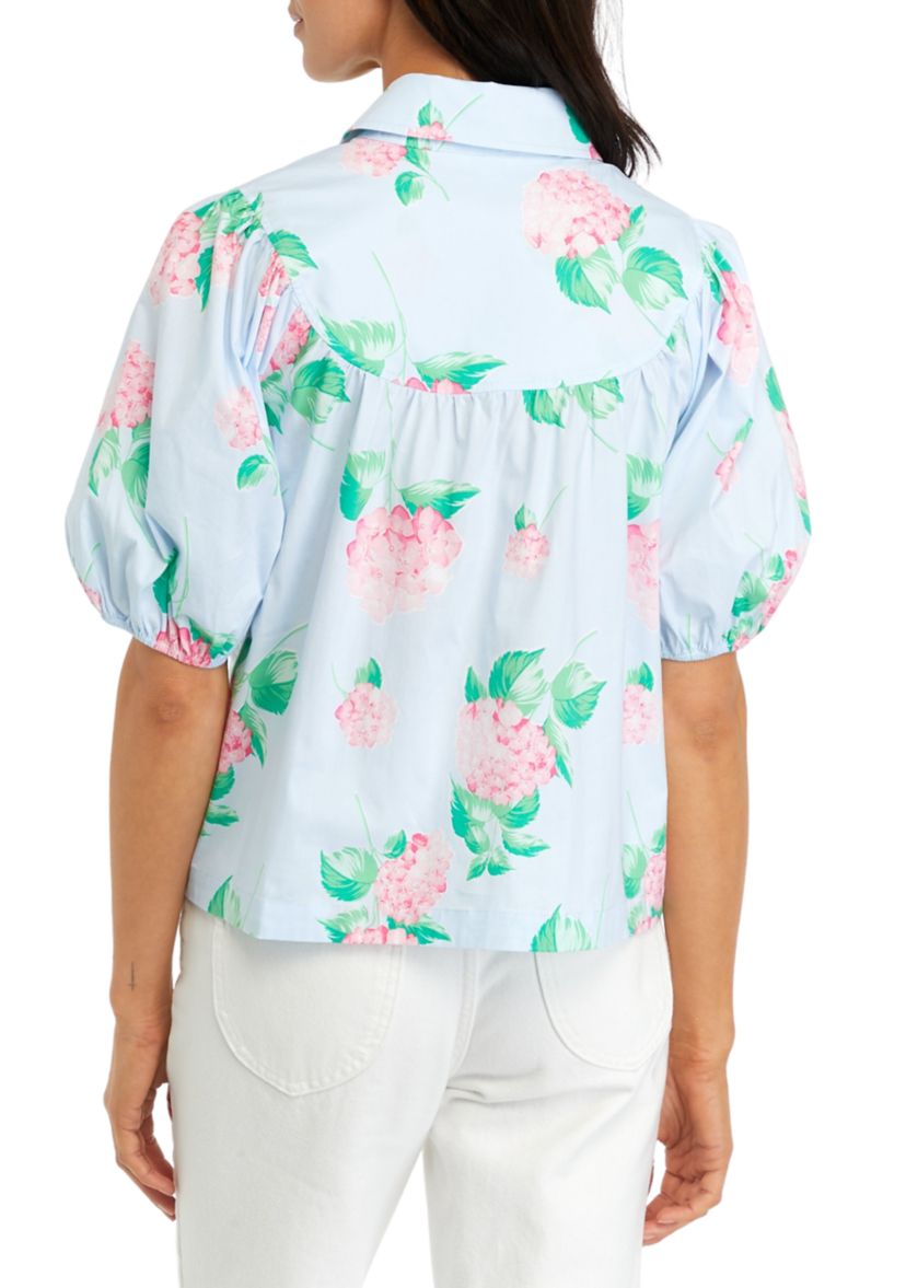 Womens Puff Sleeve Swing Button Front Top