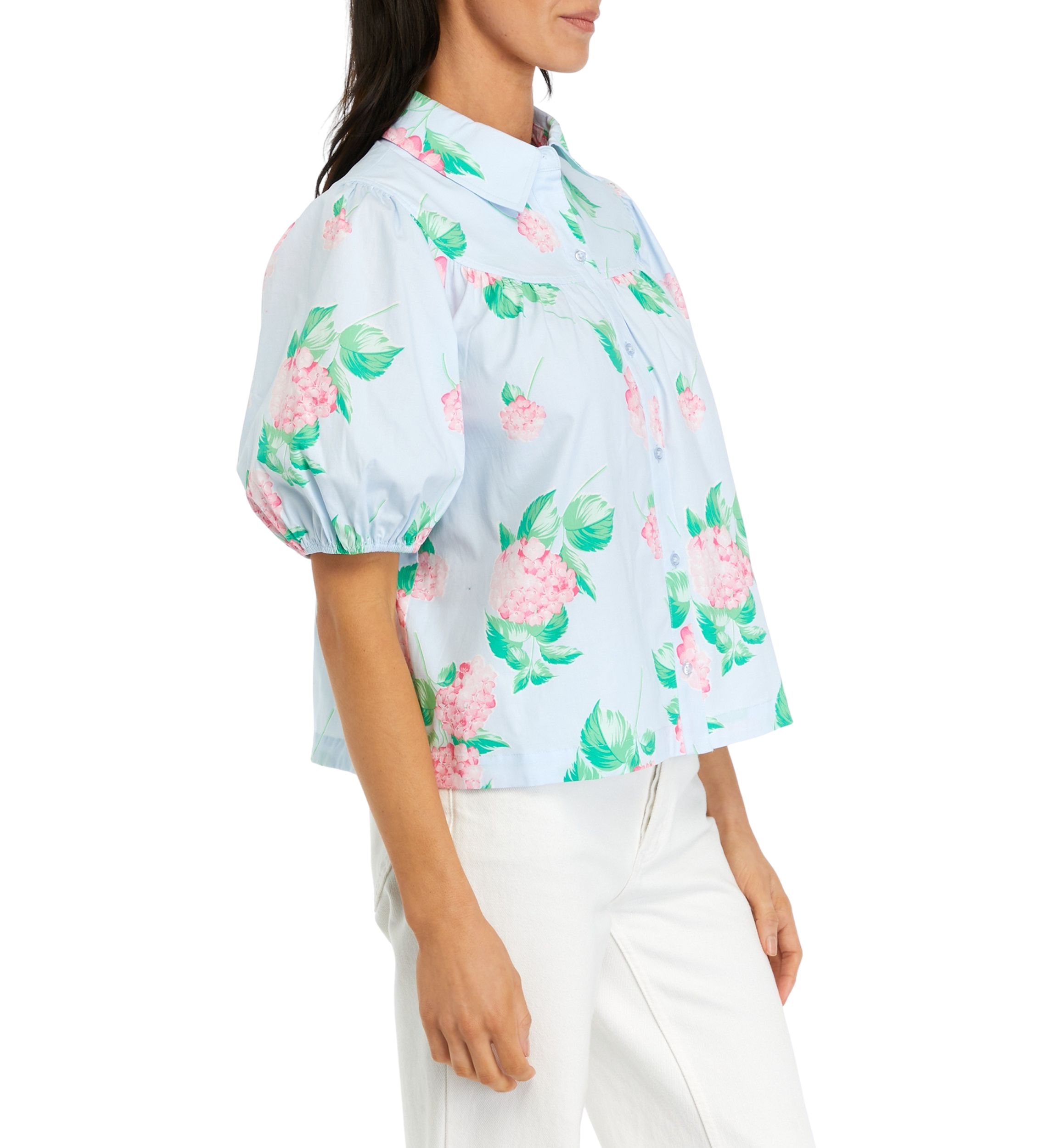 Womens Puff Sleeve Swing Button Front Top