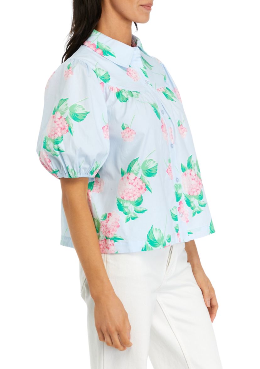 Womens Puff Sleeve Swing Button Front Top