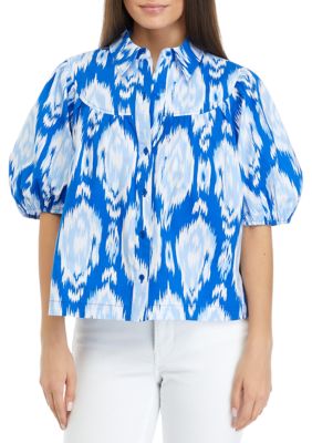 Petite Puff Sleeve Button Front Printed Woven Top