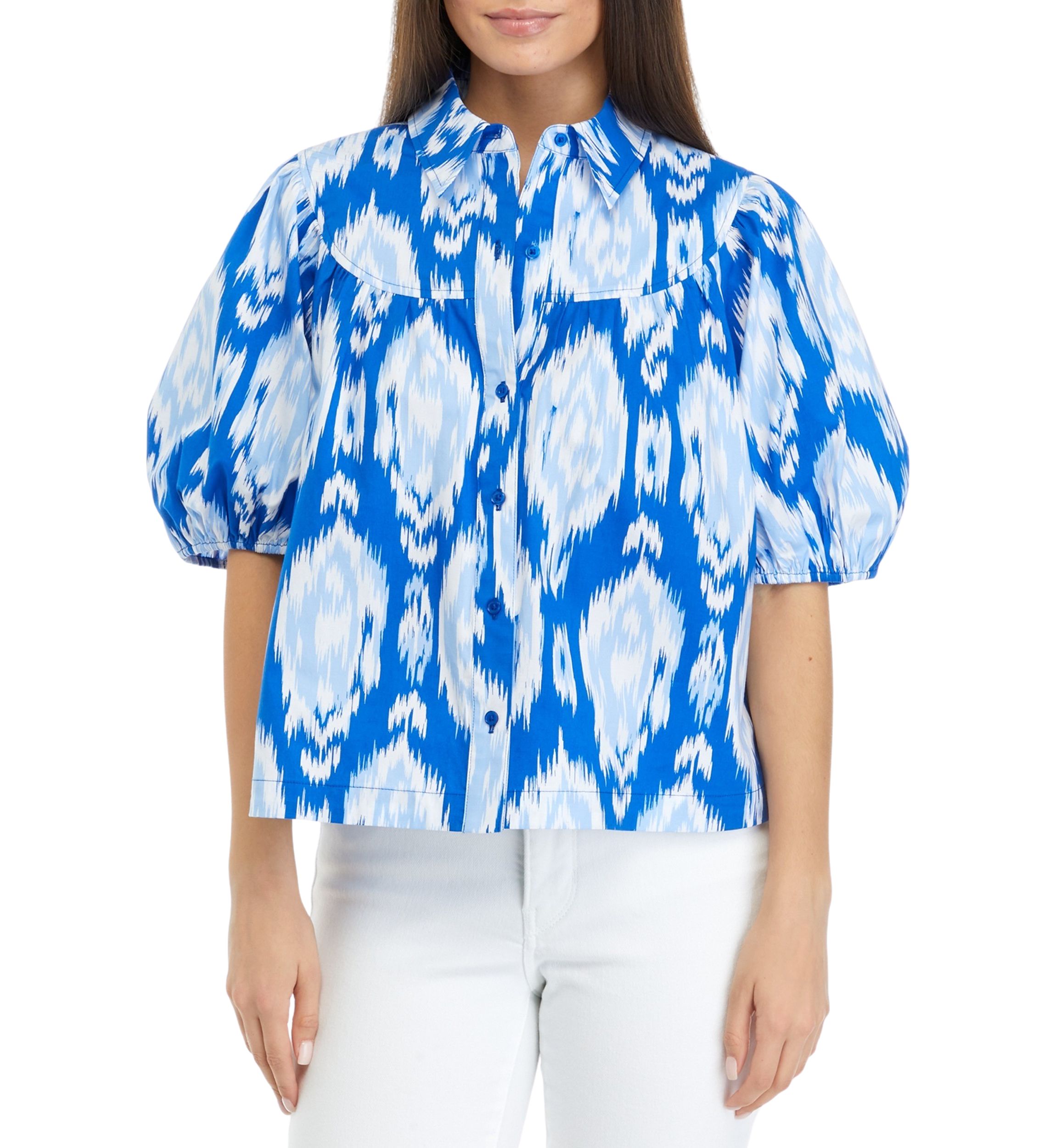 Petite Puff Sleeve Button Front Printed Woven Top