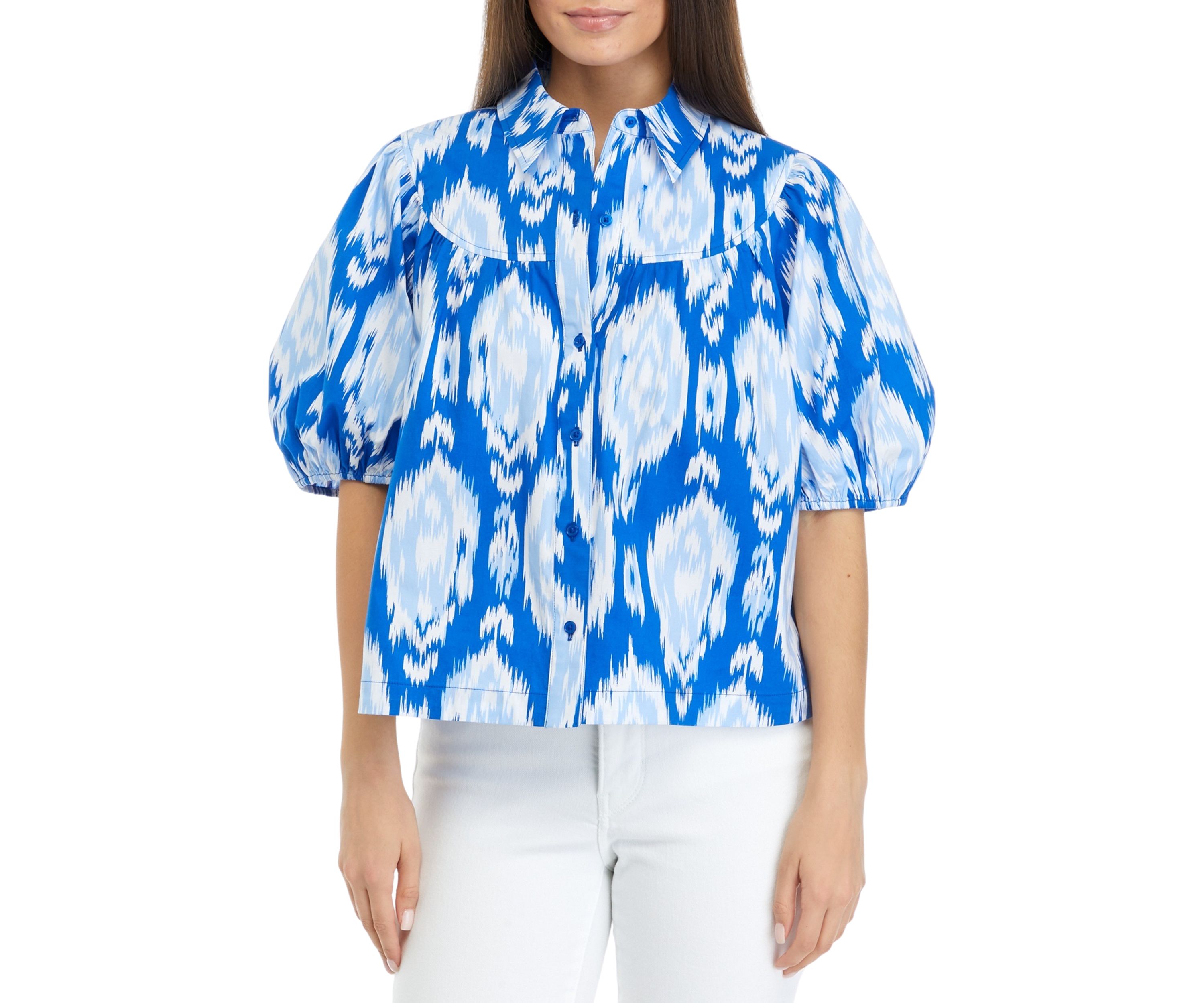 Petite Puff Sleeve Button Front Printed Woven Top