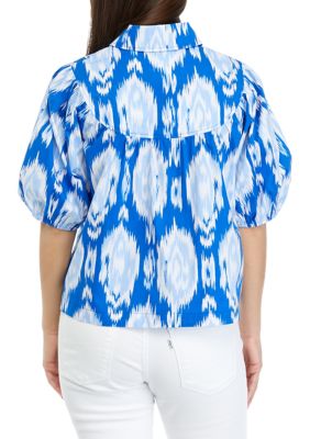 Petite Puff Sleeve Button Front Printed Woven Top