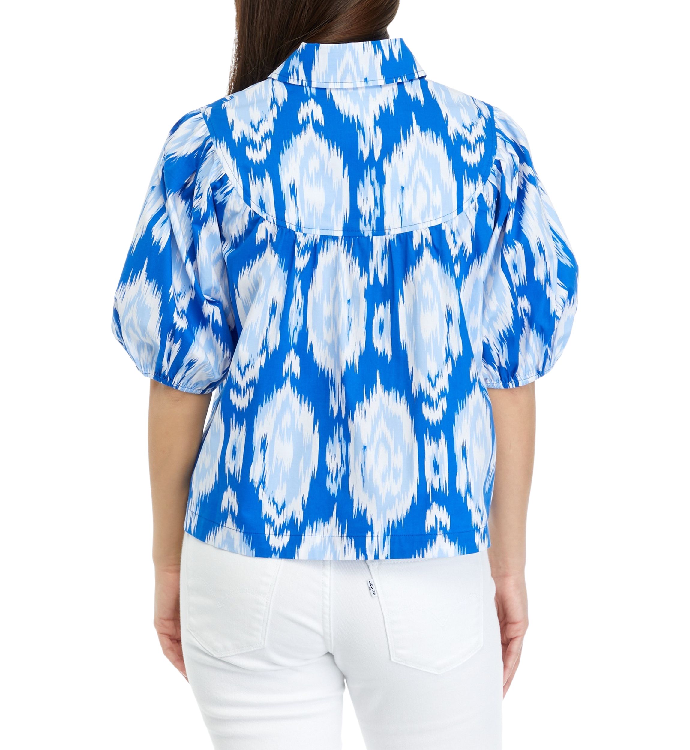 Petite Puff Sleeve Button Front Printed Woven Top