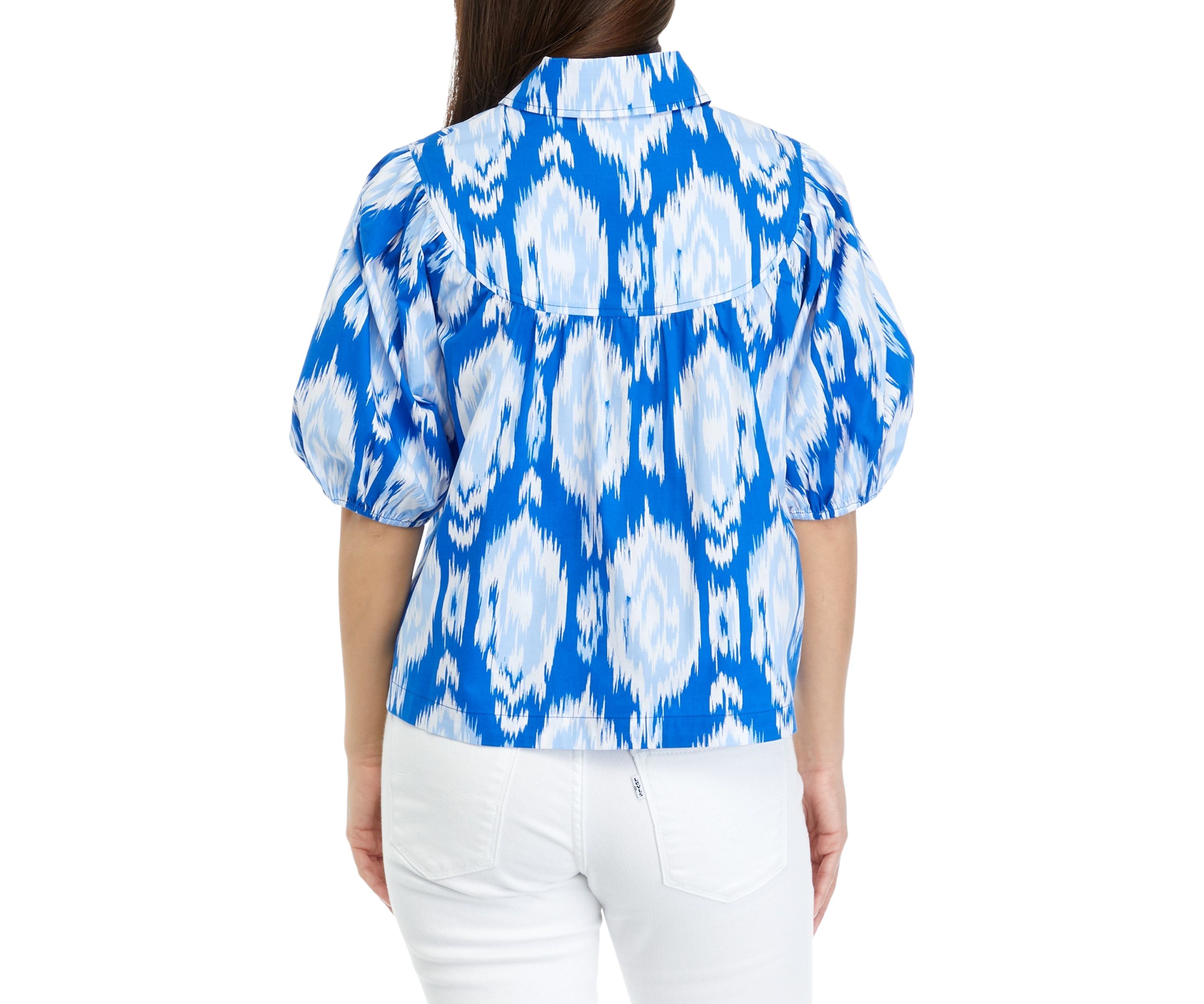 Petite Puff Sleeve Button Front Printed Woven Top