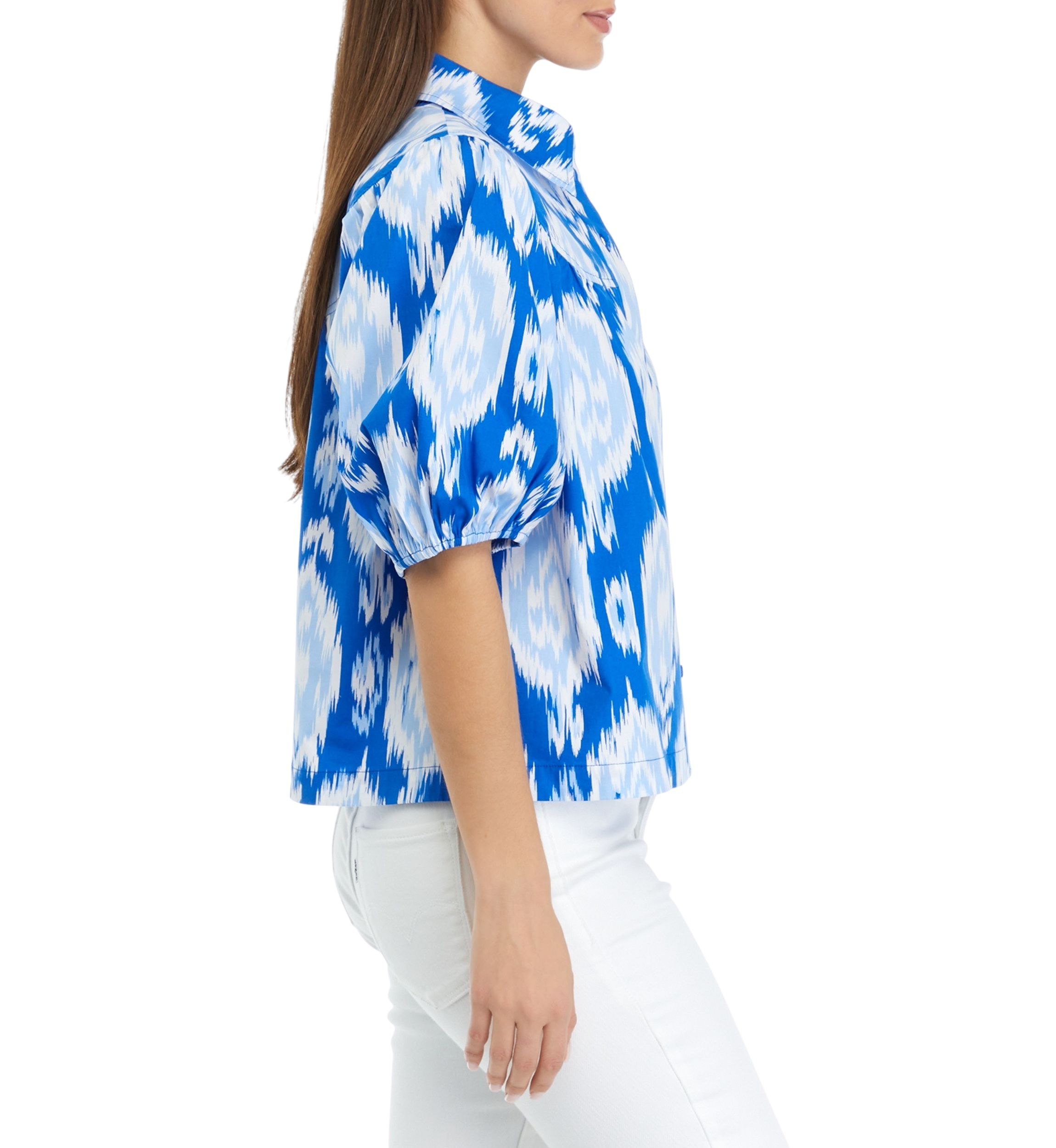 Petite Puff Sleeve Button Front Printed Woven Top