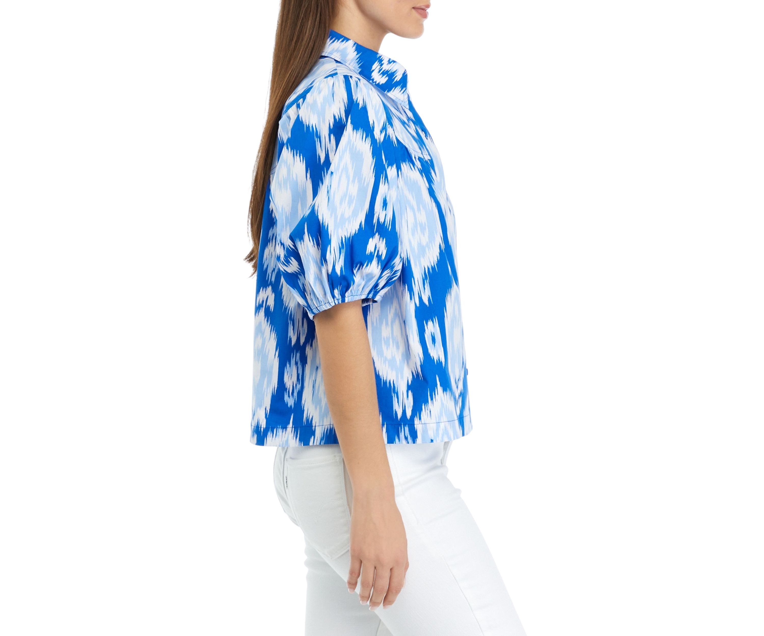 Petite Puff Sleeve Button Front Printed Woven Top