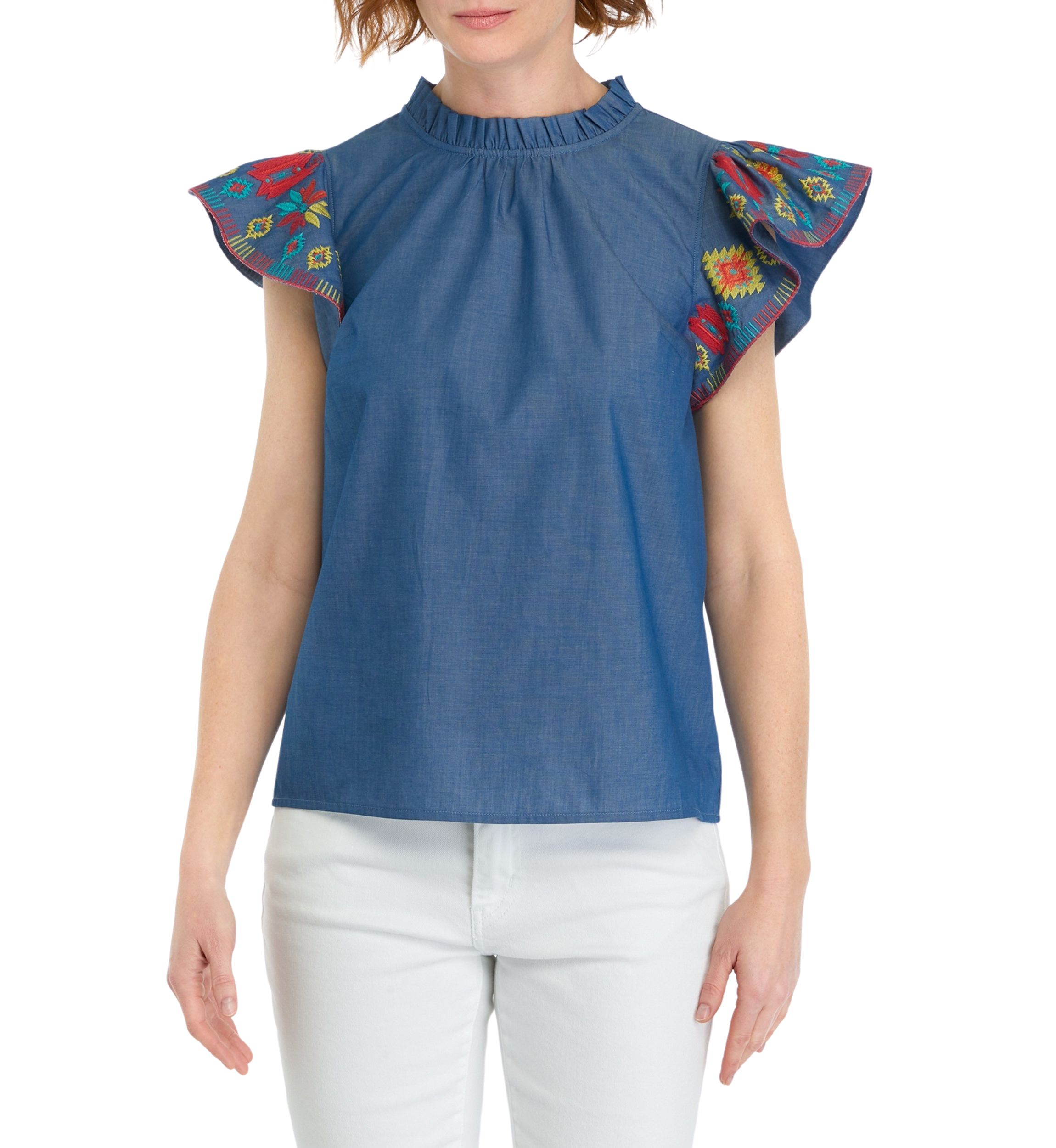 Womens Embroidered Printed Flutter Sleeve Top
