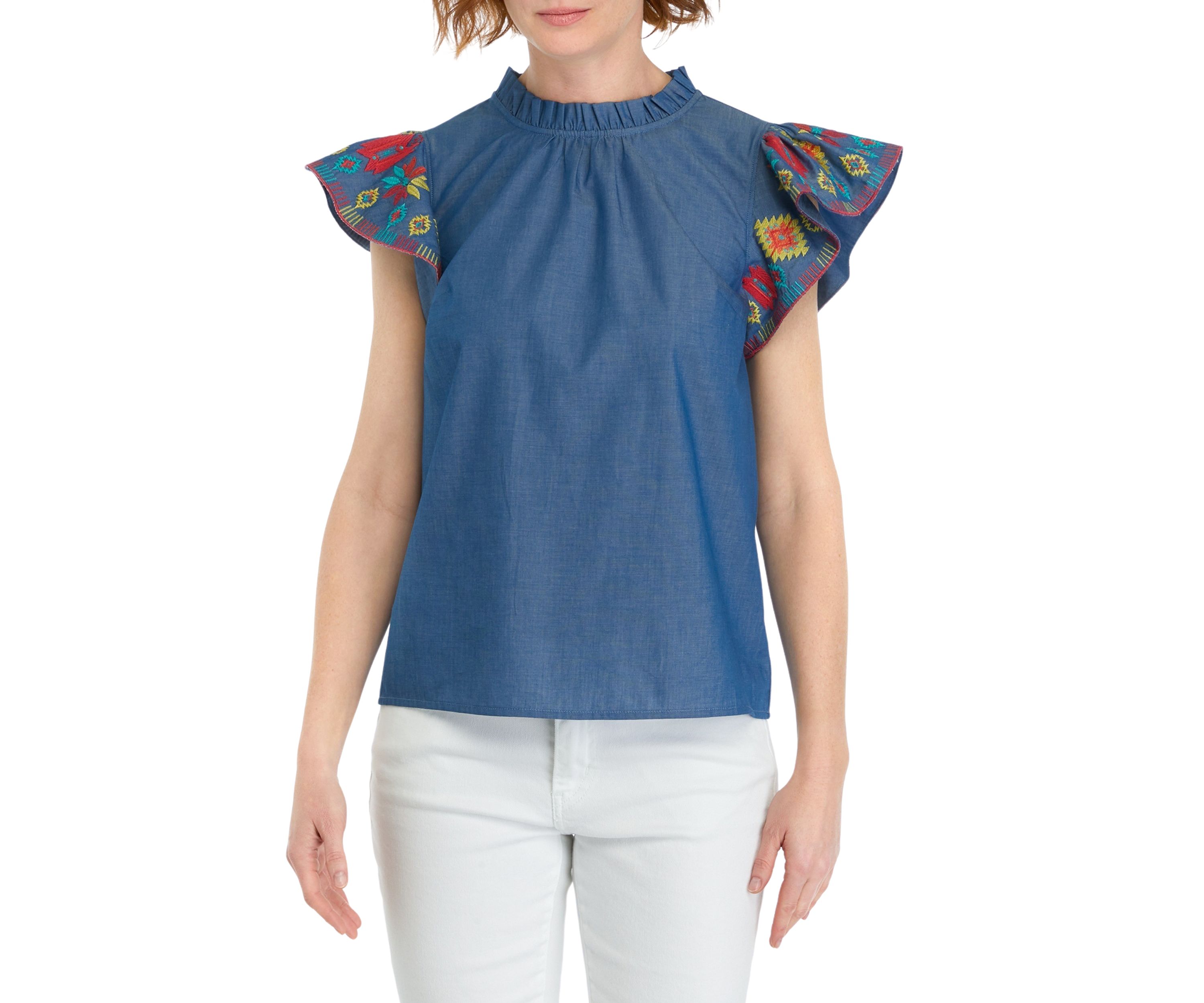 Womens Embroidered Printed Flutter Sleeve Top