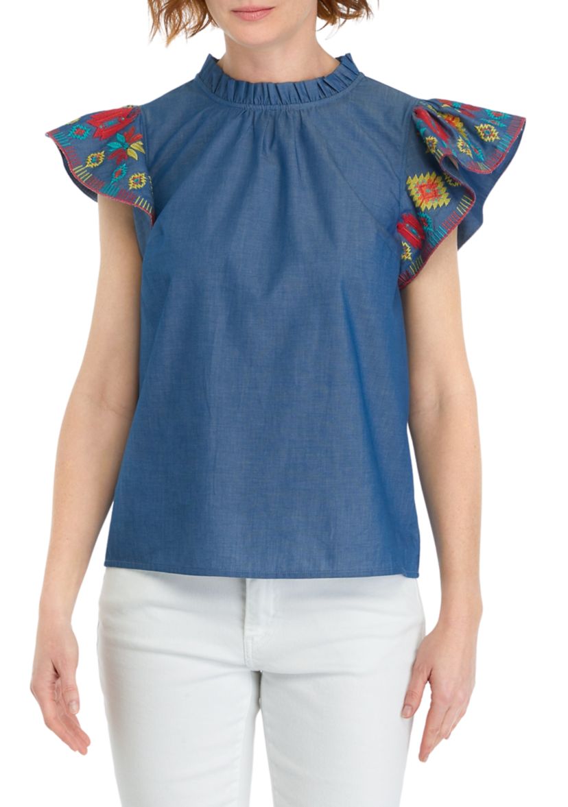 Womens Embroidered Printed Flutter Sleeve Top