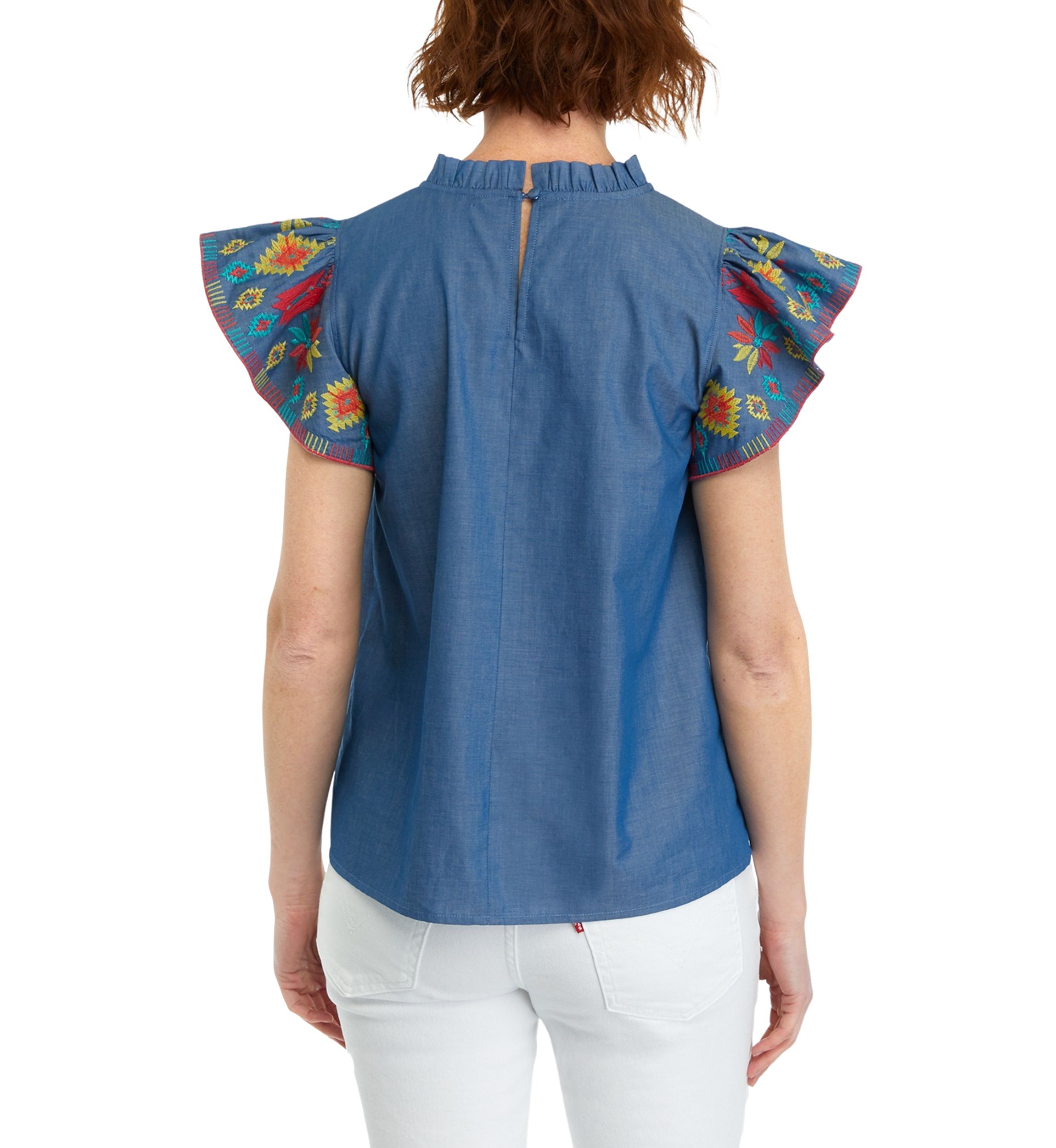 Womens Embroidered Printed Flutter Sleeve Top