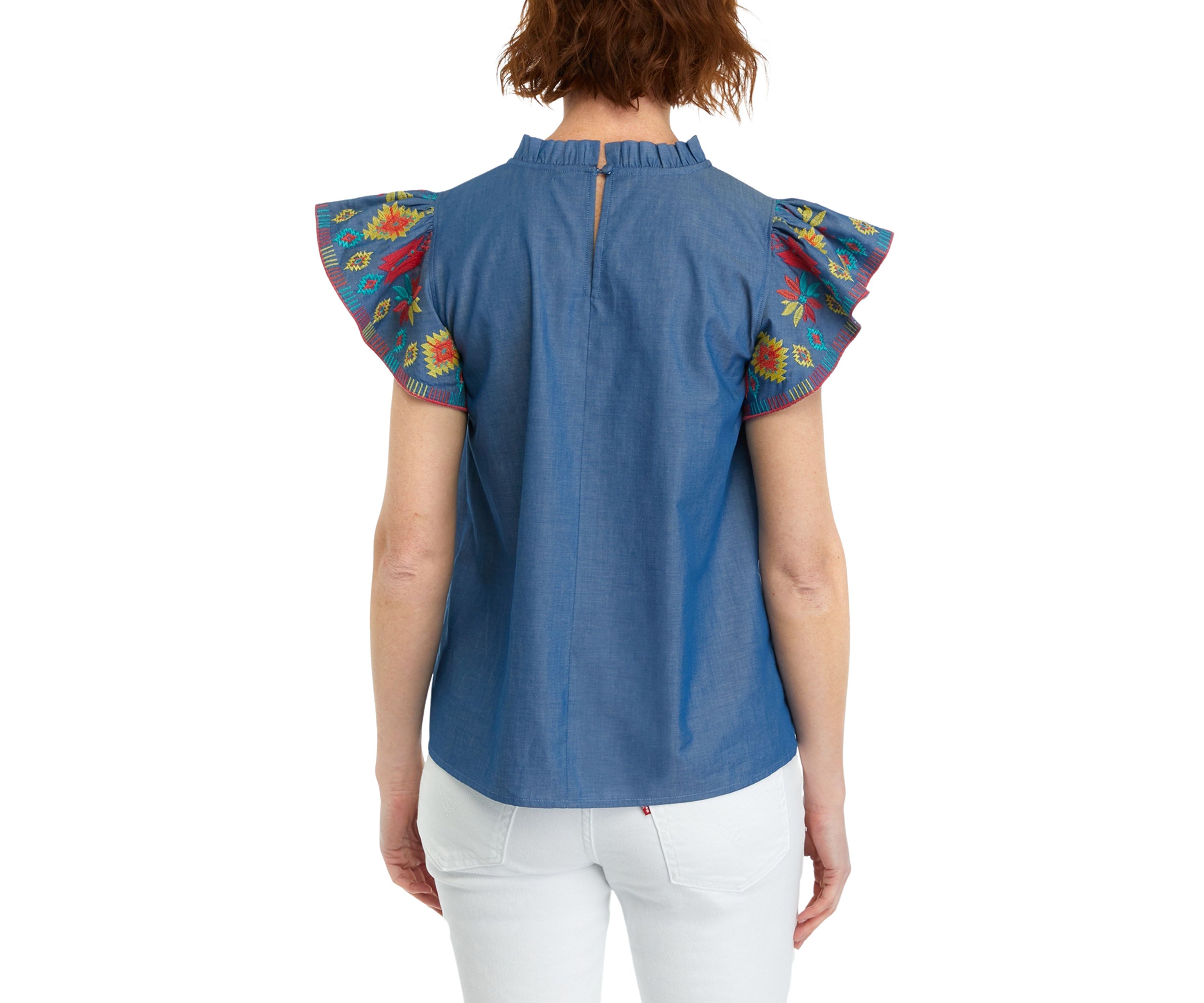 Womens Embroidered Printed Flutter Sleeve Top