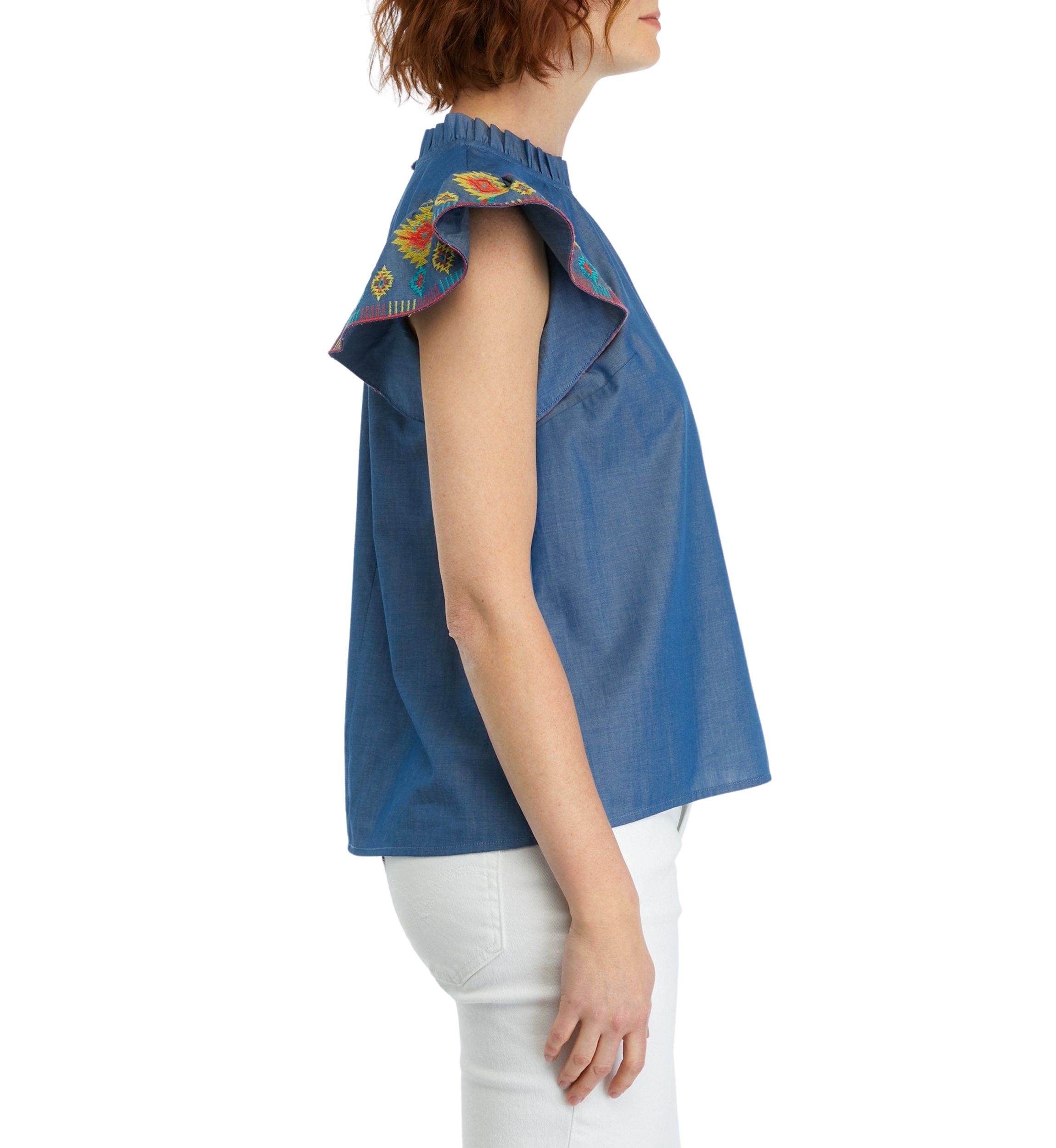 Womens Embroidered Printed Flutter Sleeve Top