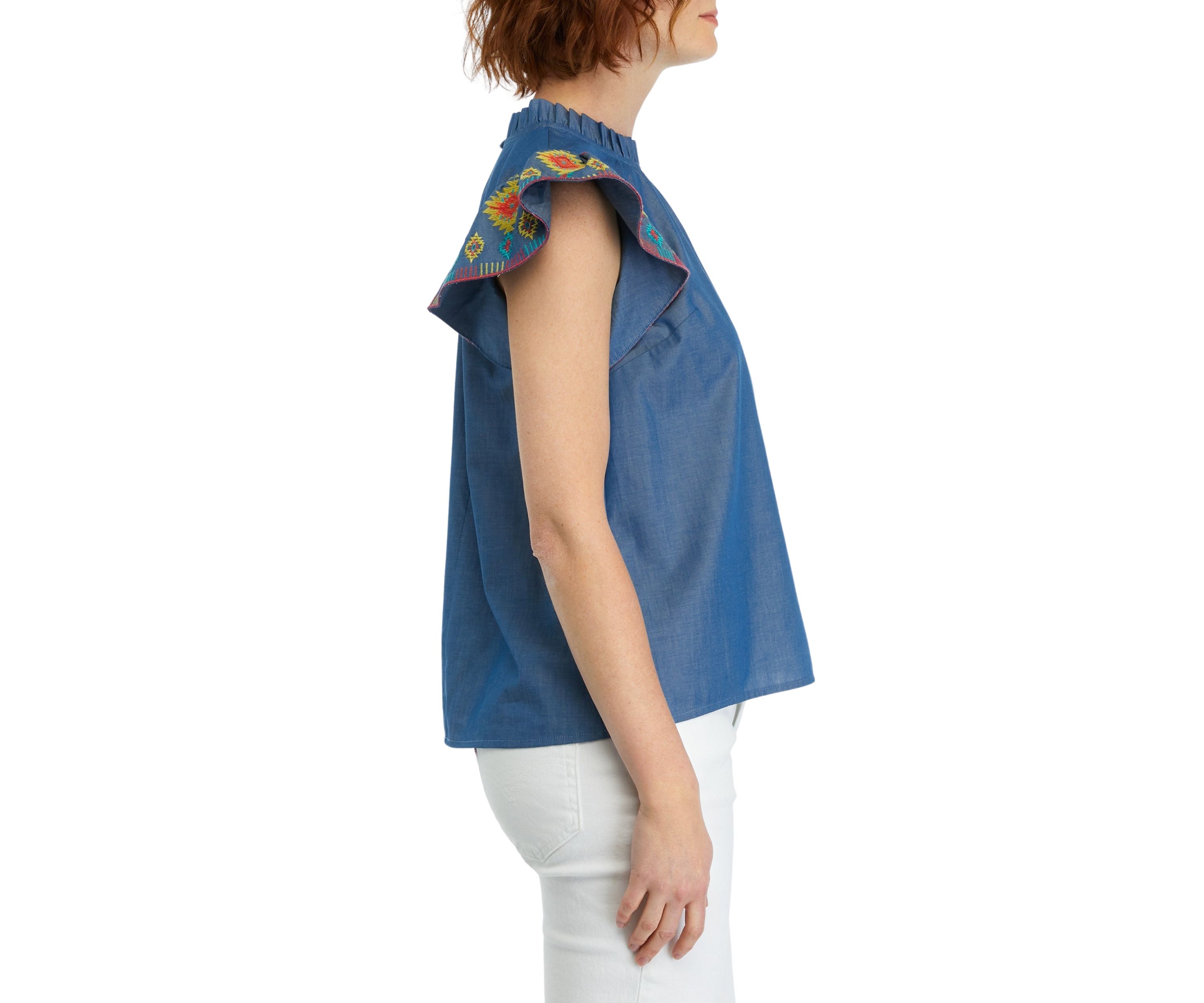 Womens Embroidered Printed Flutter Sleeve Top