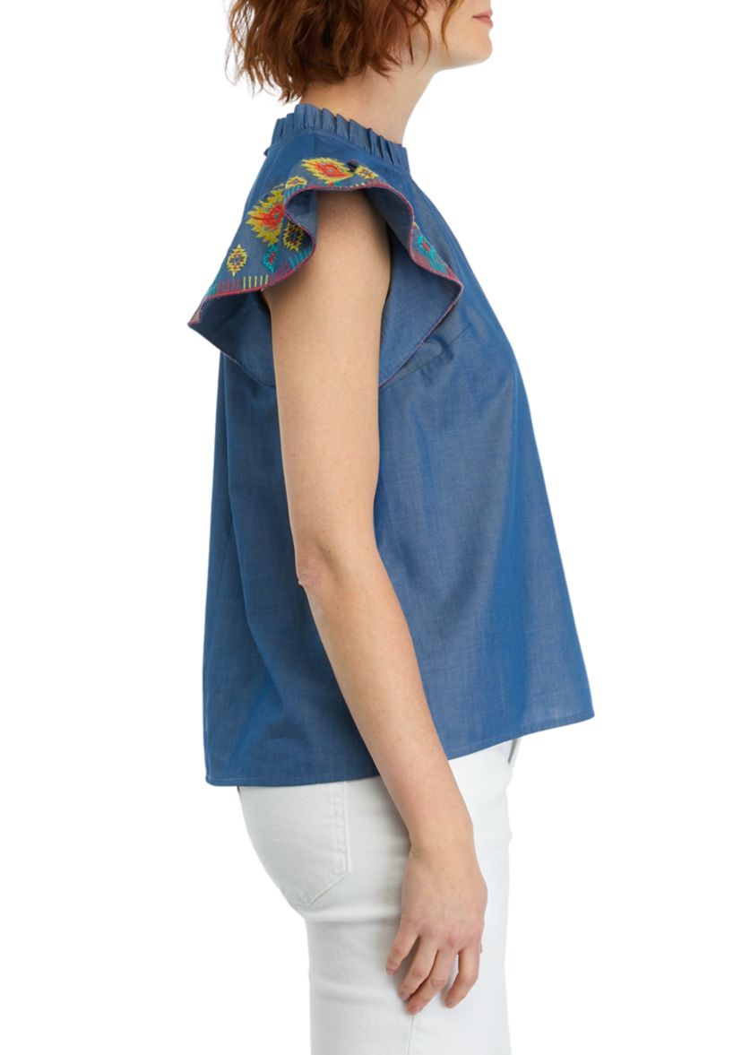 Womens Embroidered Printed Flutter Sleeve Top