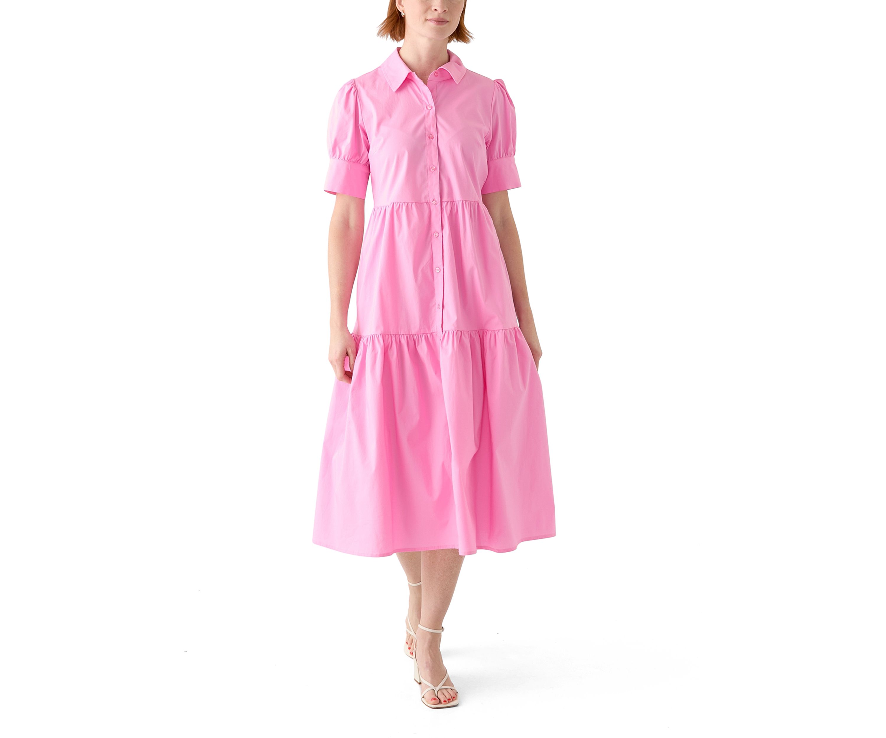Womens Puff Sleeve Midi Shirtdress 