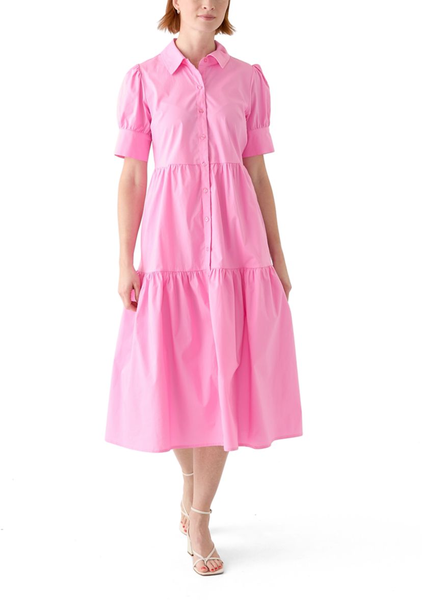 Womens Puff Sleeve Midi Shirtdress 