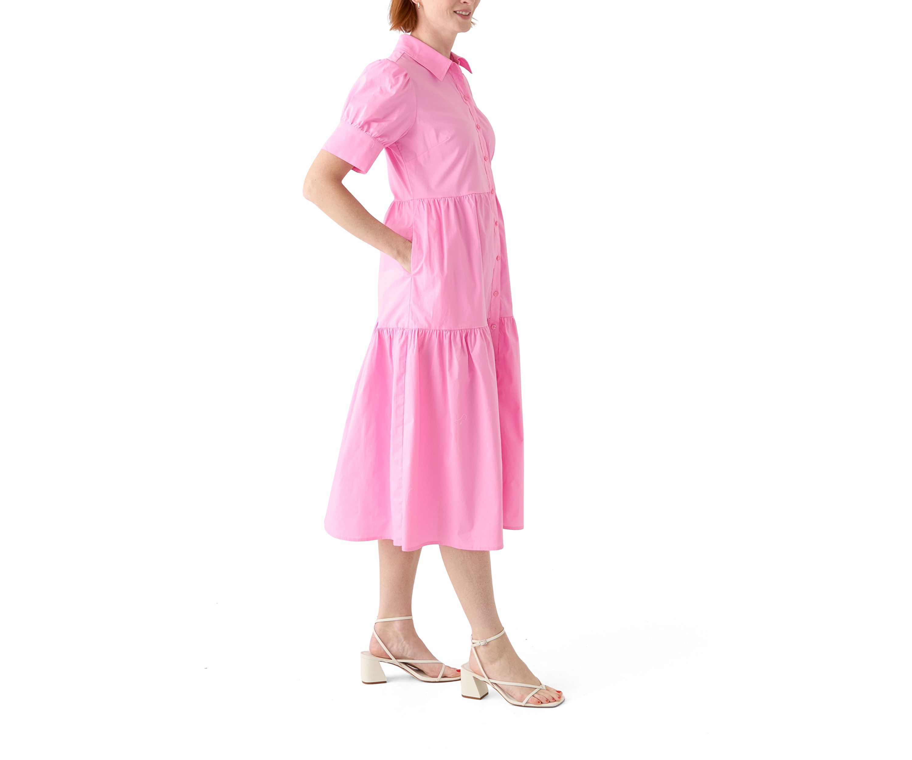 Womens Puff Sleeve Midi Shirtdress 
